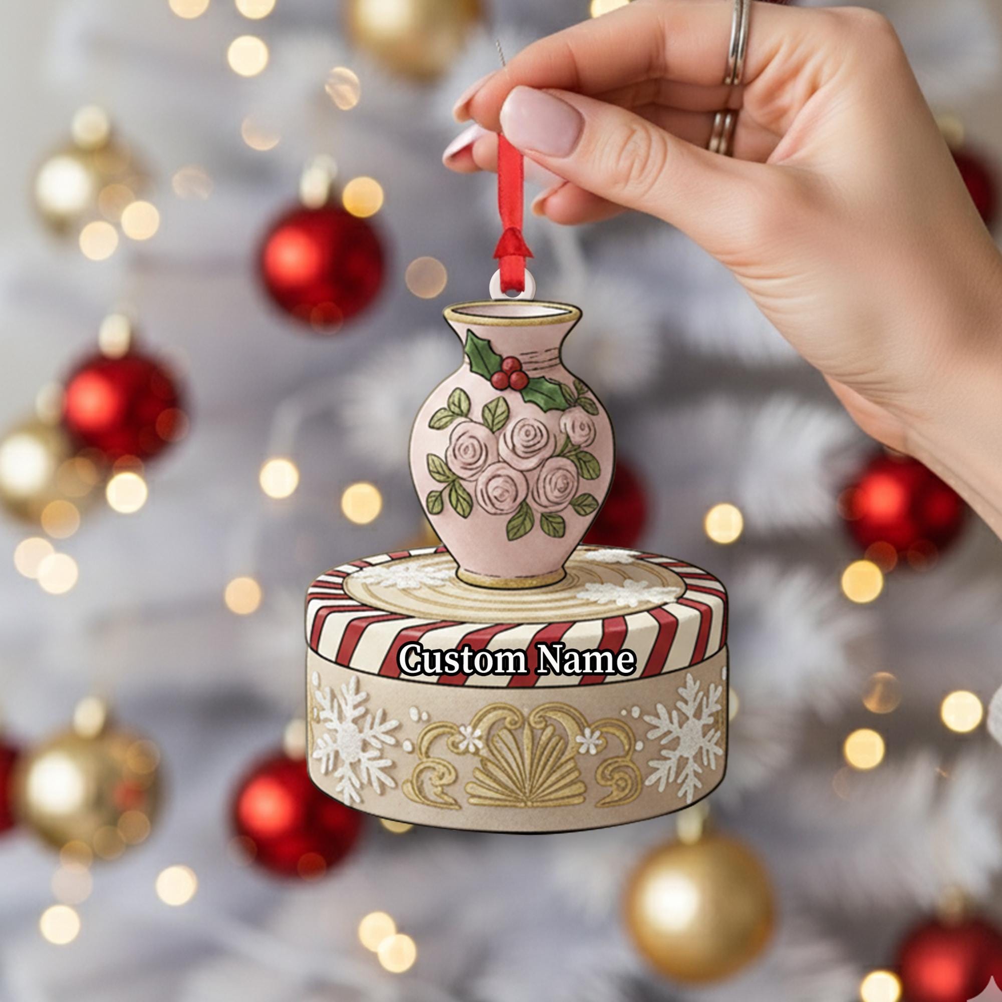 Personalized Vase Ornament – Custom Name Christmas Tree Decoration with Roses & Holly