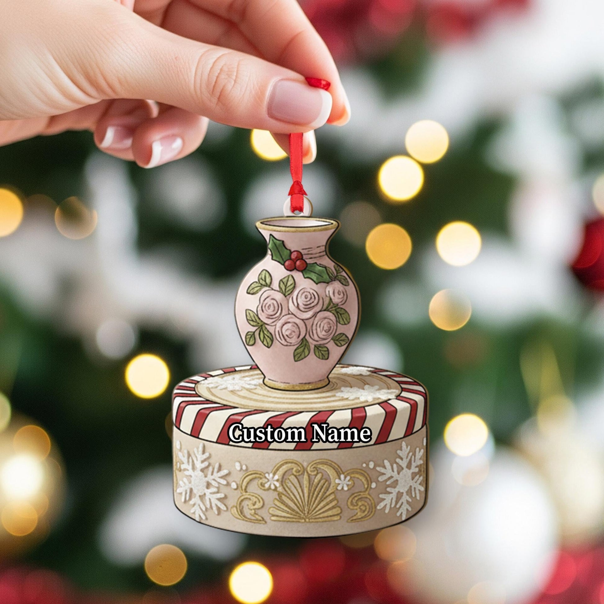 Personalized Vase Ornament – Custom Name Christmas Tree Decoration with Roses & Holly