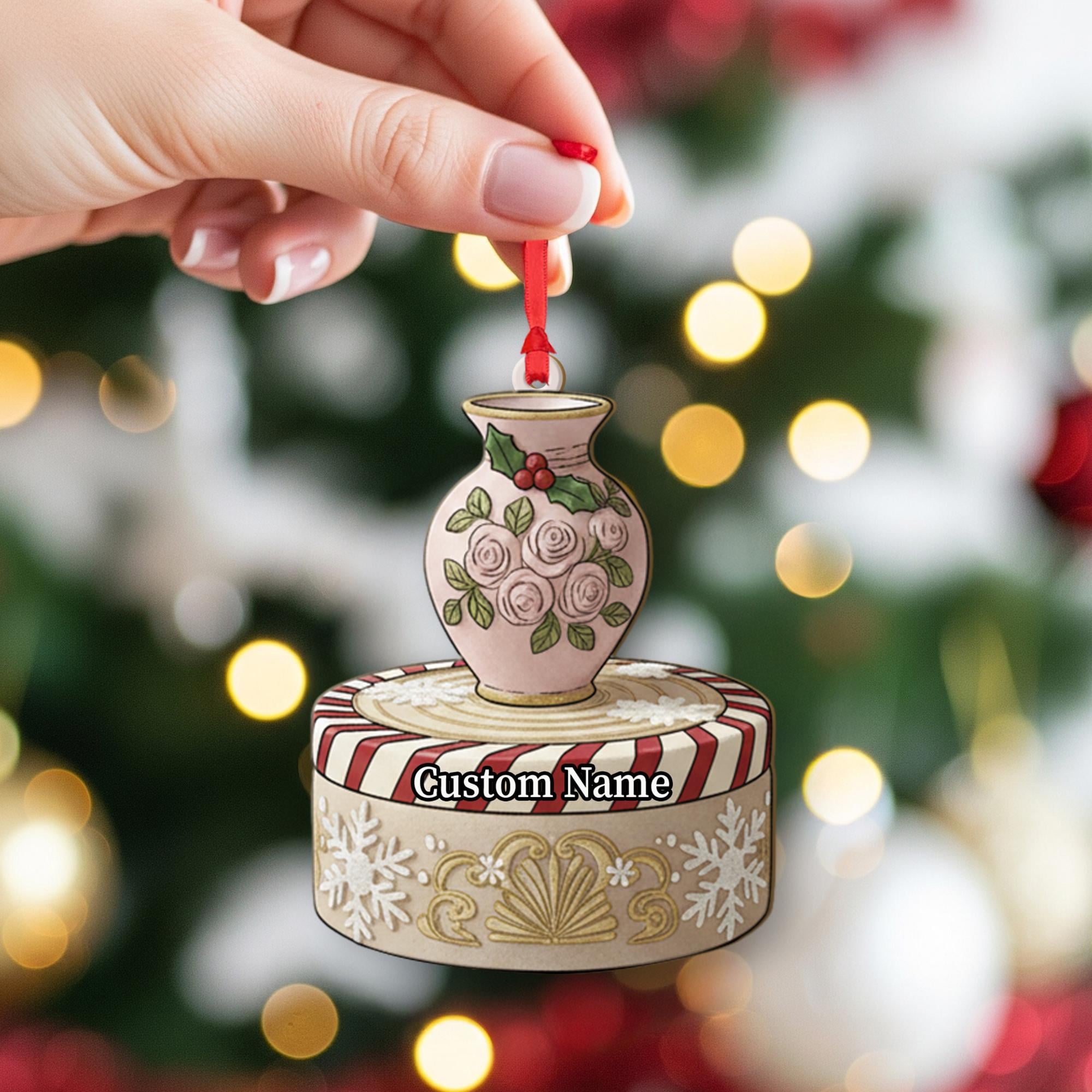 Personalized Vase Ornament – Custom Name Christmas Tree Decoration with Roses & Holly