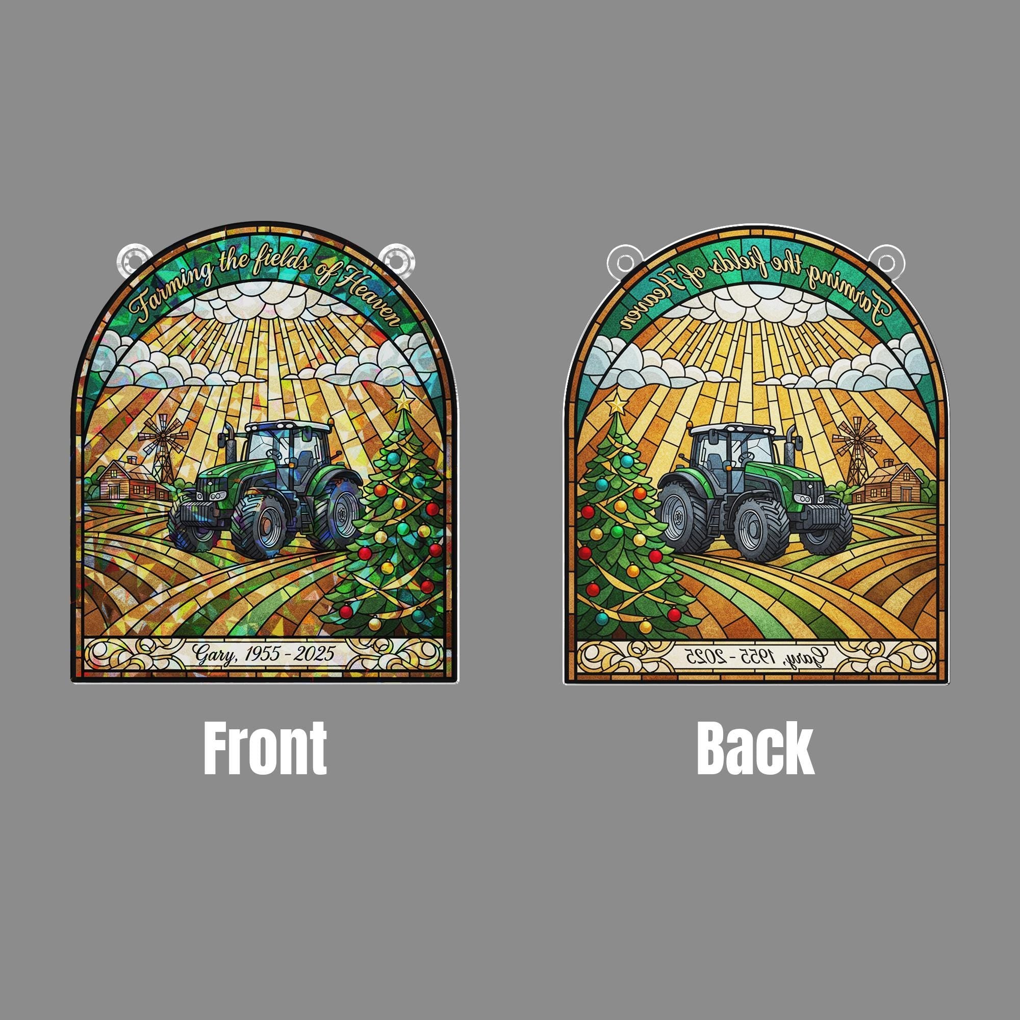 Personalized Stained Glass Effect Farmer Memorial Window Hanging; Green Tractor