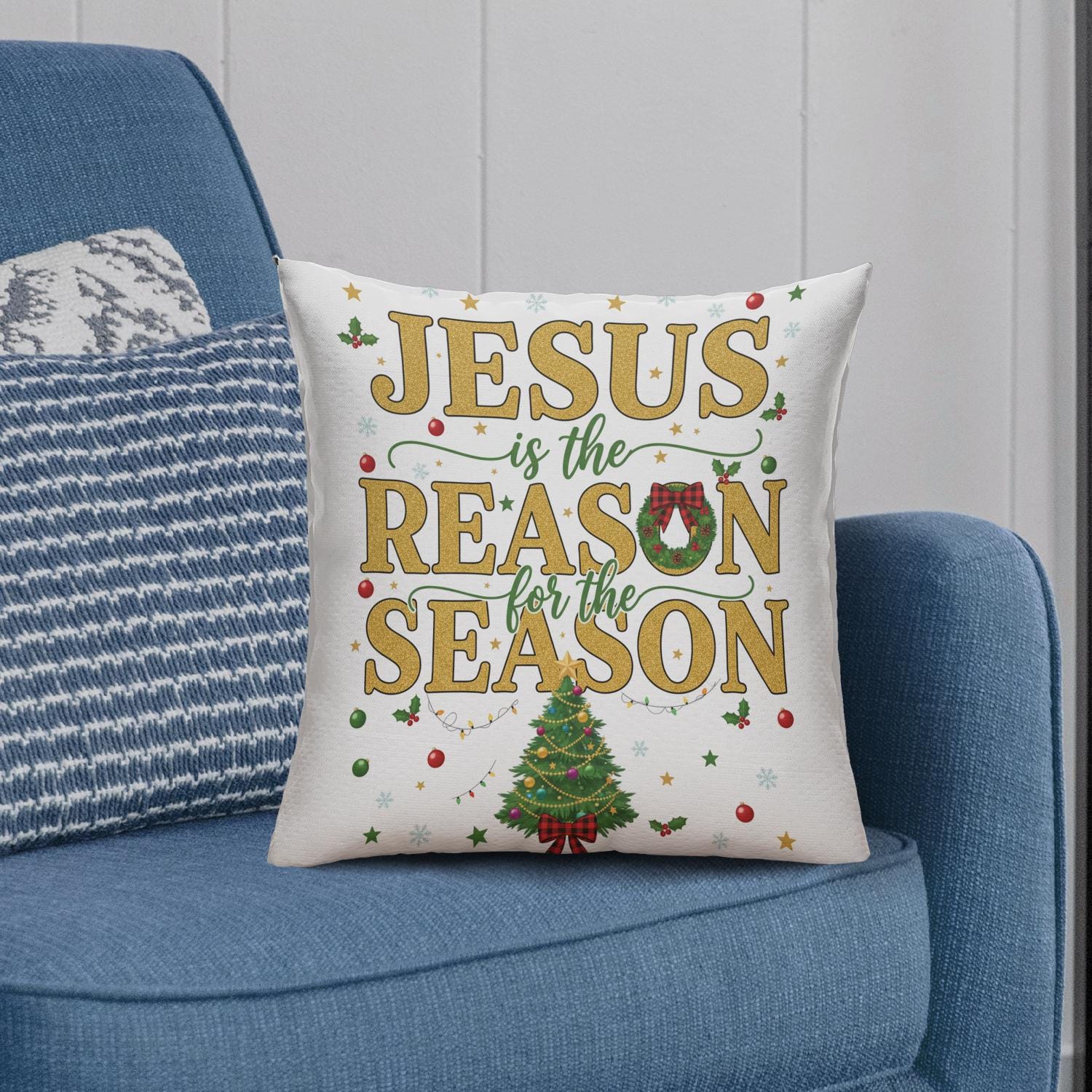 Jesus Is the Reason Pillow – Christian Christmas Pillow – Religious Holiday Home Decor