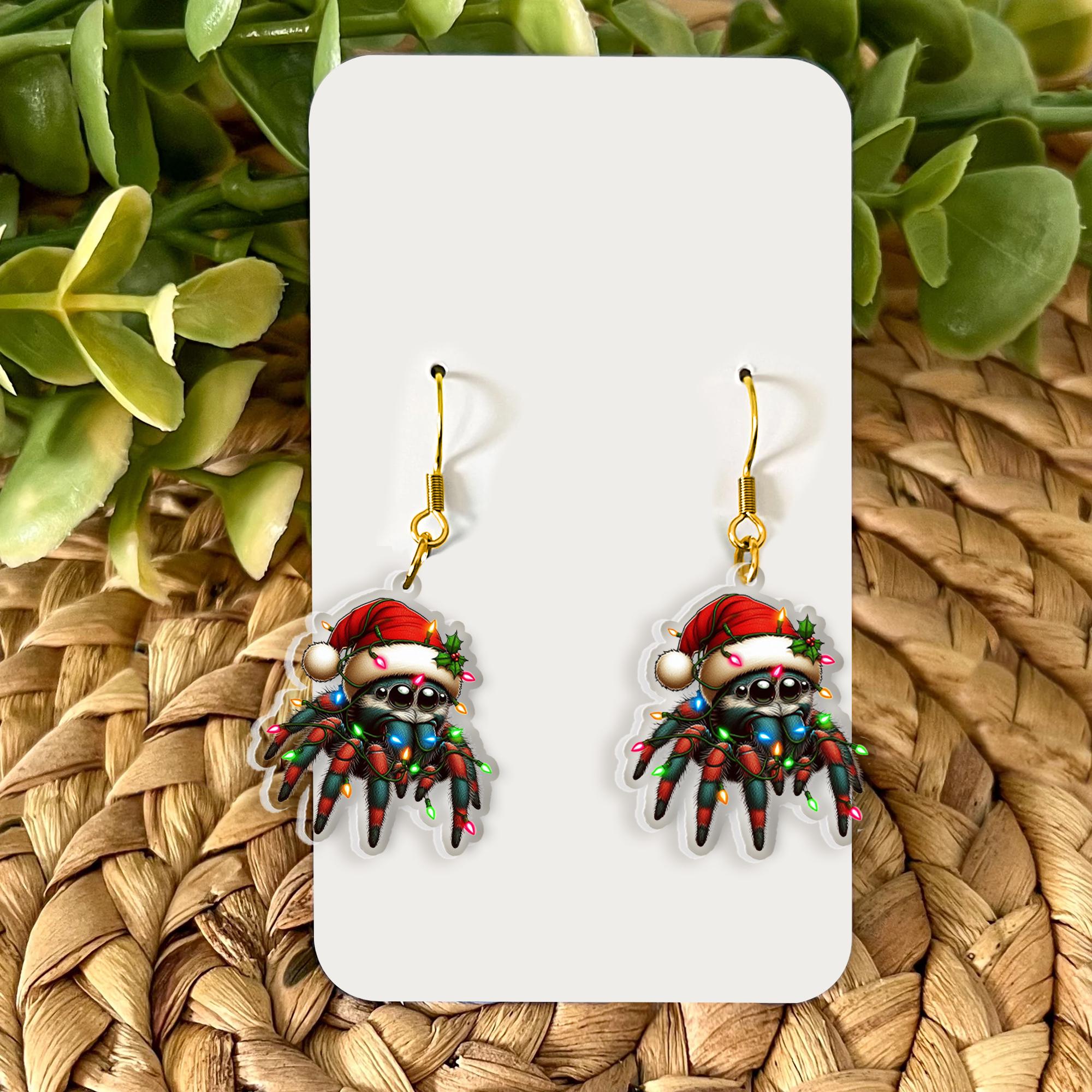 Christmas Spider Earrings: Holiday Lights, Santa Hat - Acrylic
