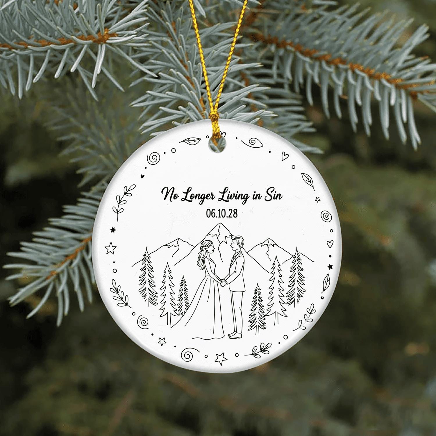 Custom Wedding Ornament – No Longer Living in Sin – Personalized Ceramic Couple Keepsake