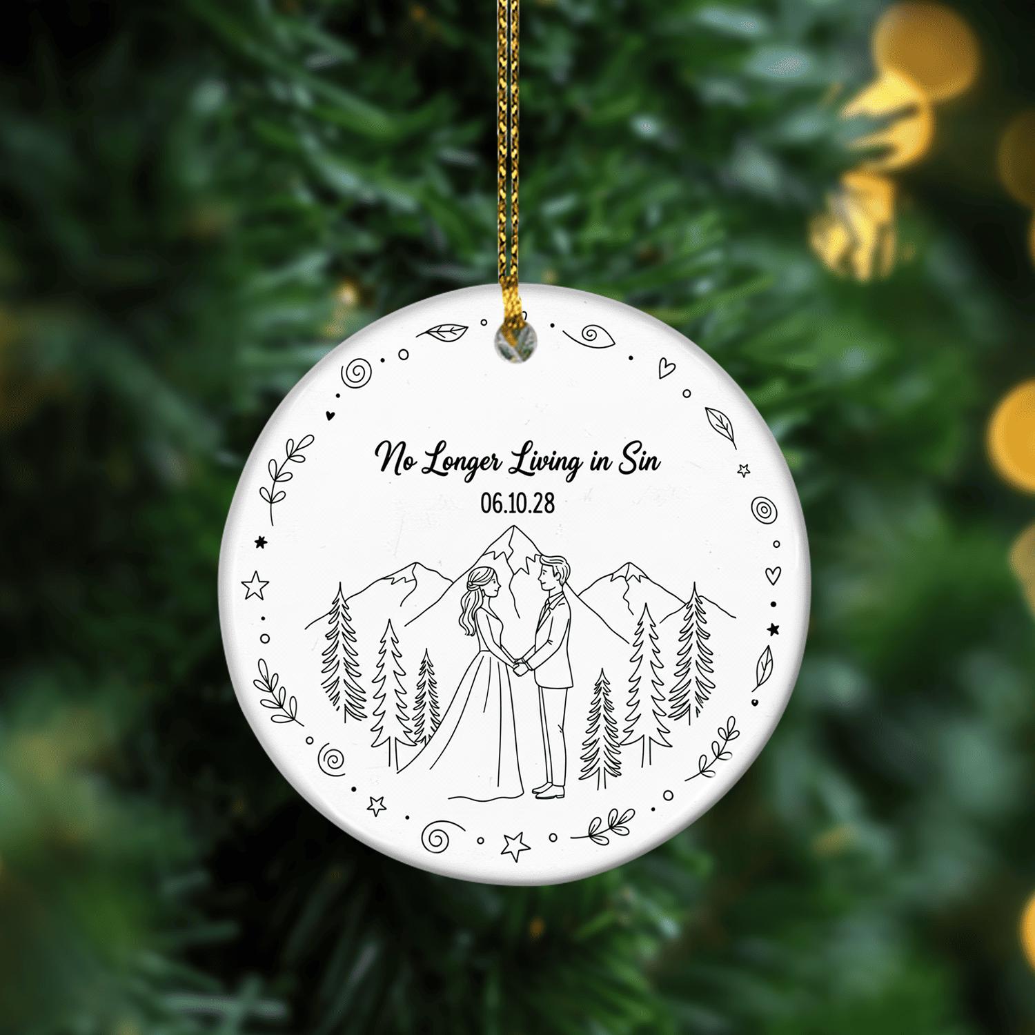 Custom Wedding Ornament – No Longer Living in Sin – Personalized Ceramic Couple Keepsake