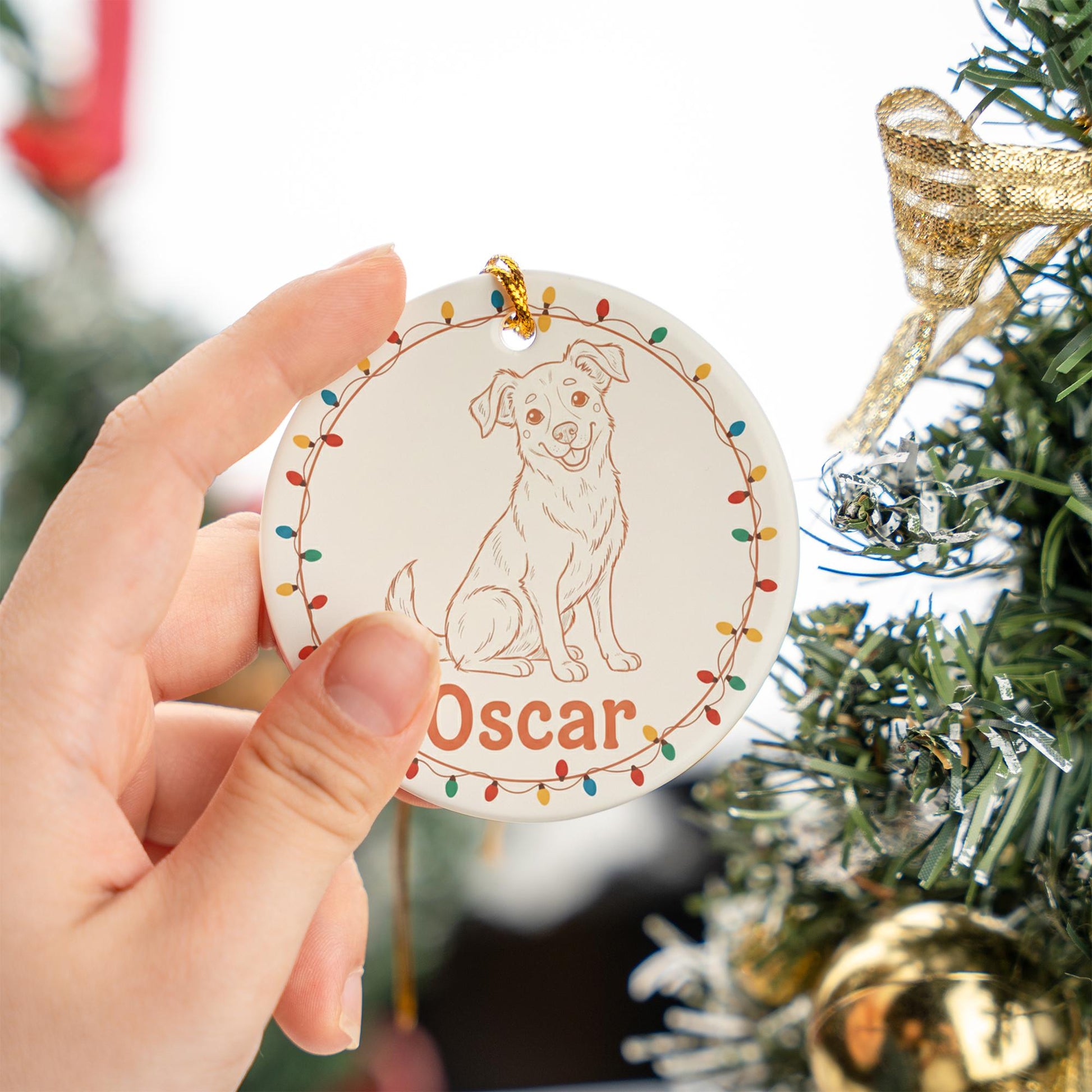 Personalized Dog Portrait Line Art Ceramic Ornament; Custom Name Pet Keepsake