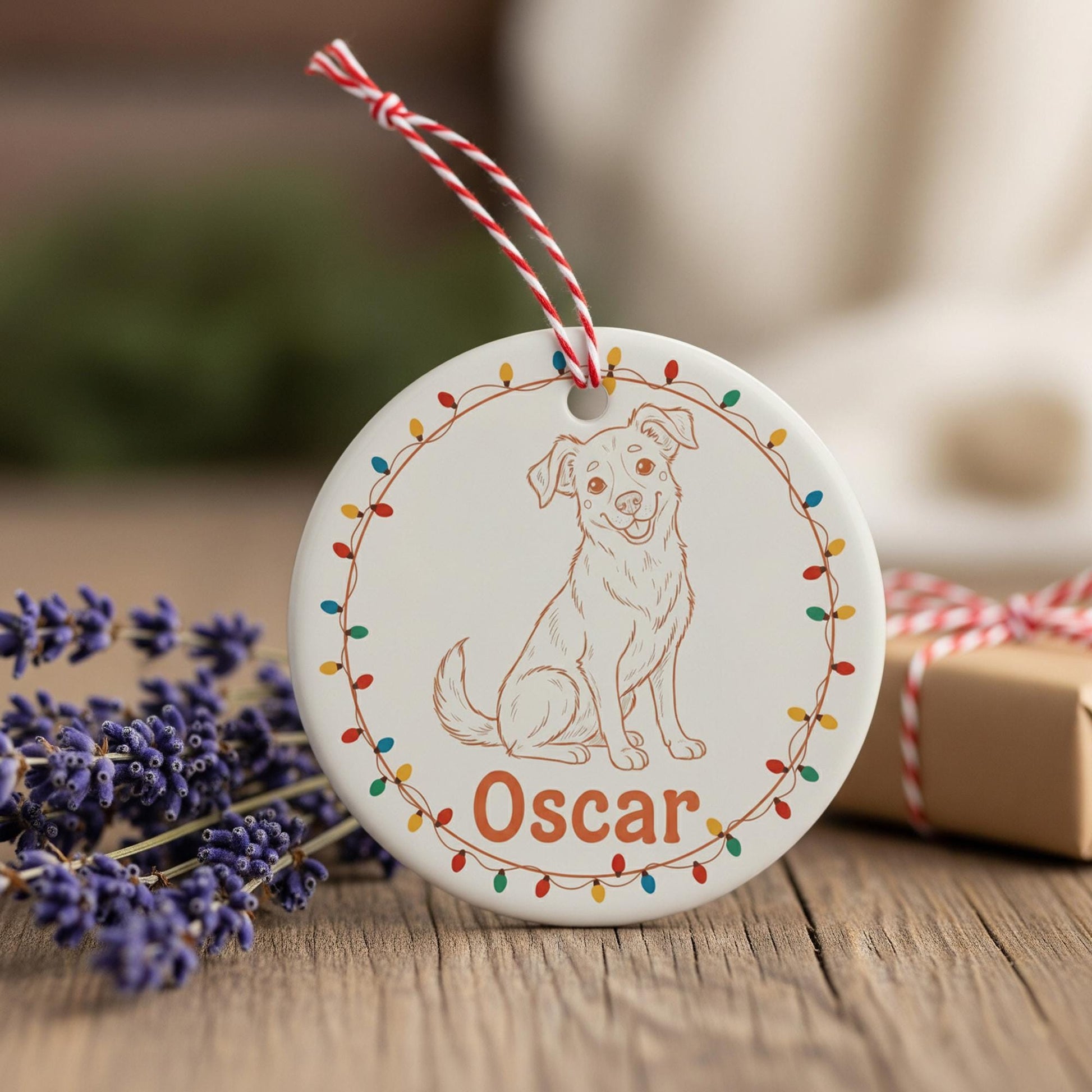 Personalized Dog Portrait Line Art Ceramic Ornament; Custom Name Pet Keepsake