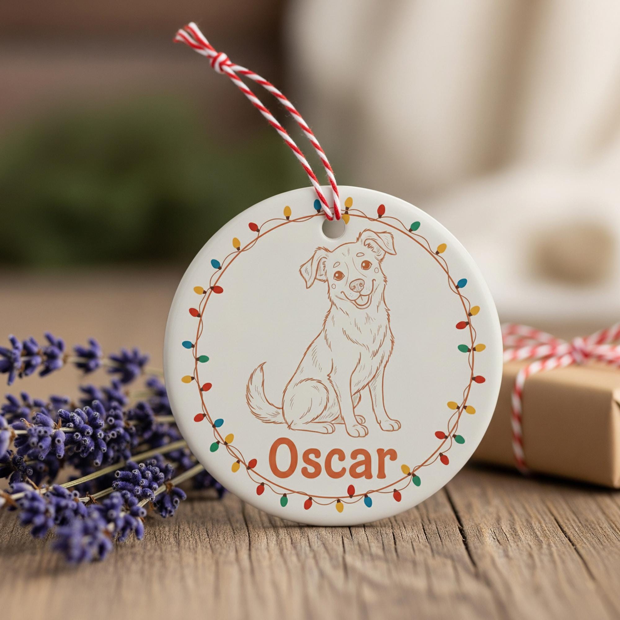 Personalized Dog Portrait Line Art Ceramic Ornament; Custom Name Pet Keepsake