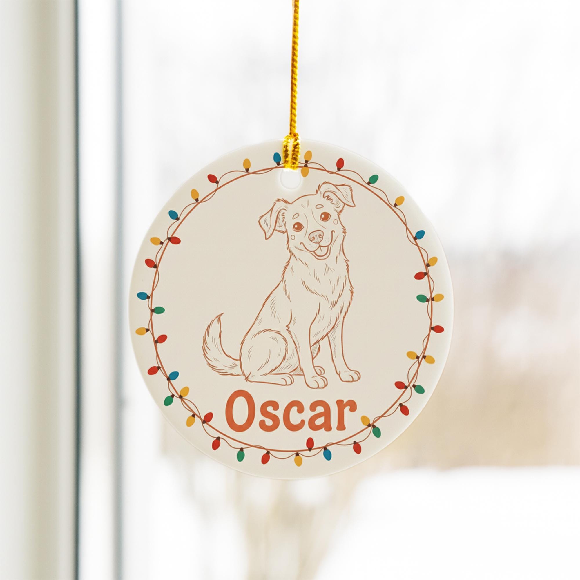 Personalized Dog Portrait Line Art Ceramic Ornament; Custom Name Pet Keepsake