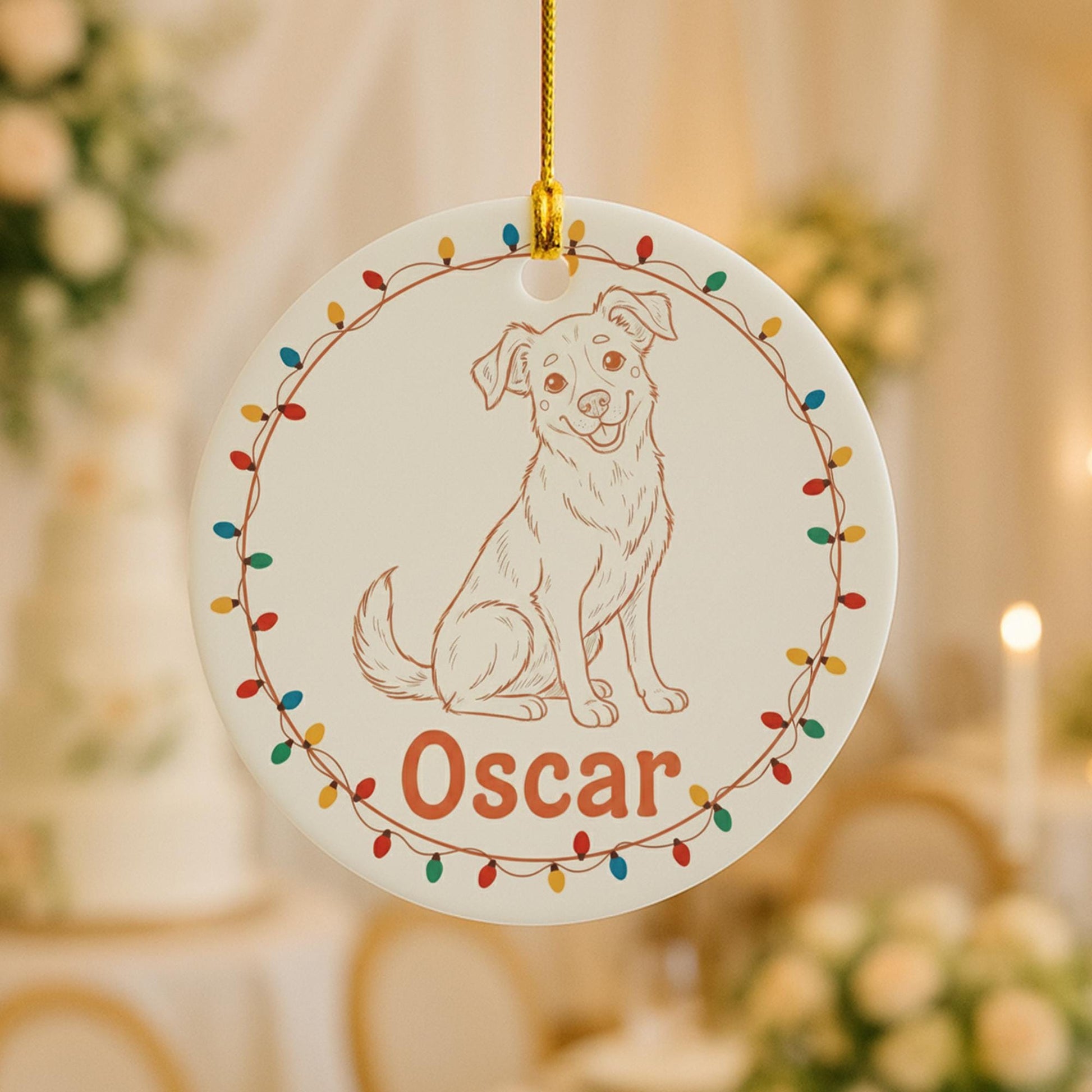 Personalized Dog Portrait Line Art Ceramic Ornament; Custom Name Pet Keepsake