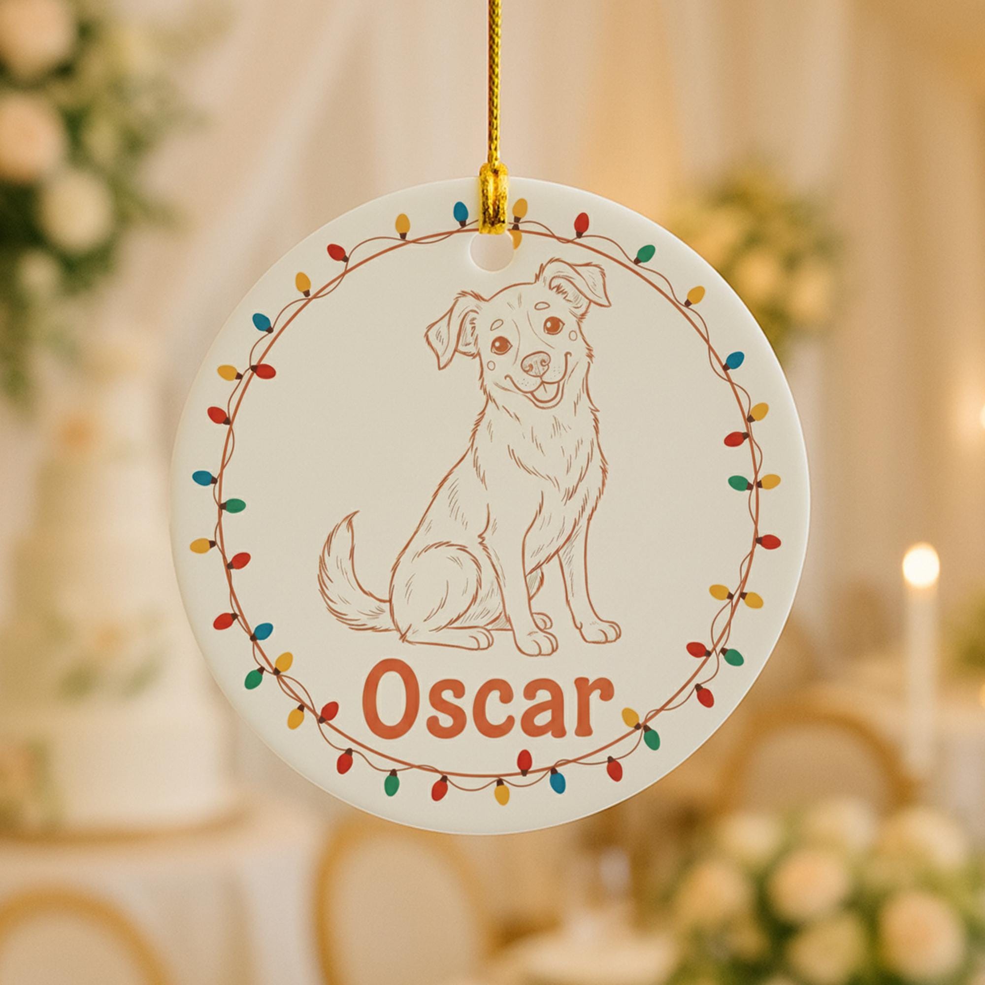 Personalized Dog Portrait Line Art Ceramic Ornament; Custom Name Pet Keepsake