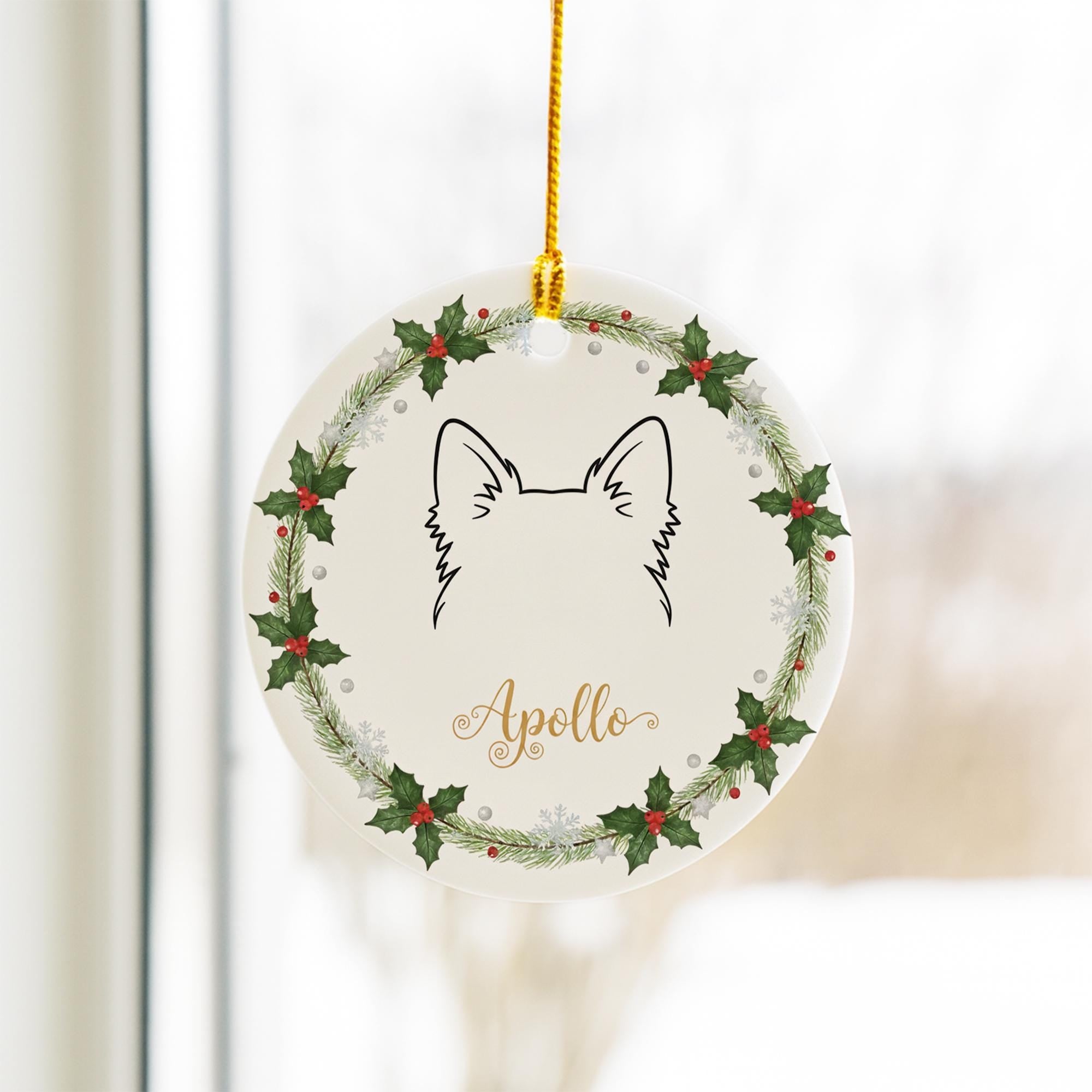 Personalized Dog Ear Outline Ceramic Ornament; Custom Name Pet Silhouette Keepsake