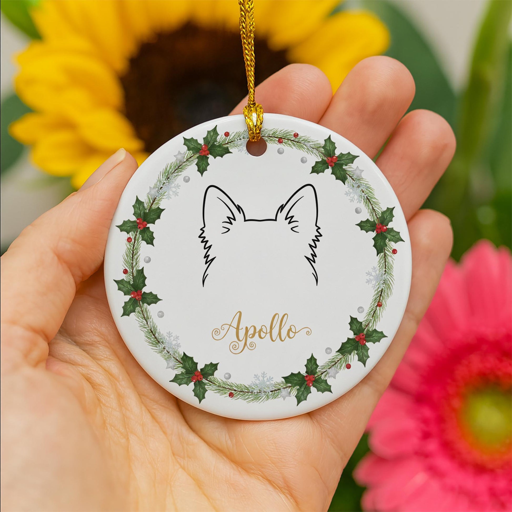 Personalized Dog Ear Outline Ceramic Ornament; Custom Name Pet Silhouette Keepsake