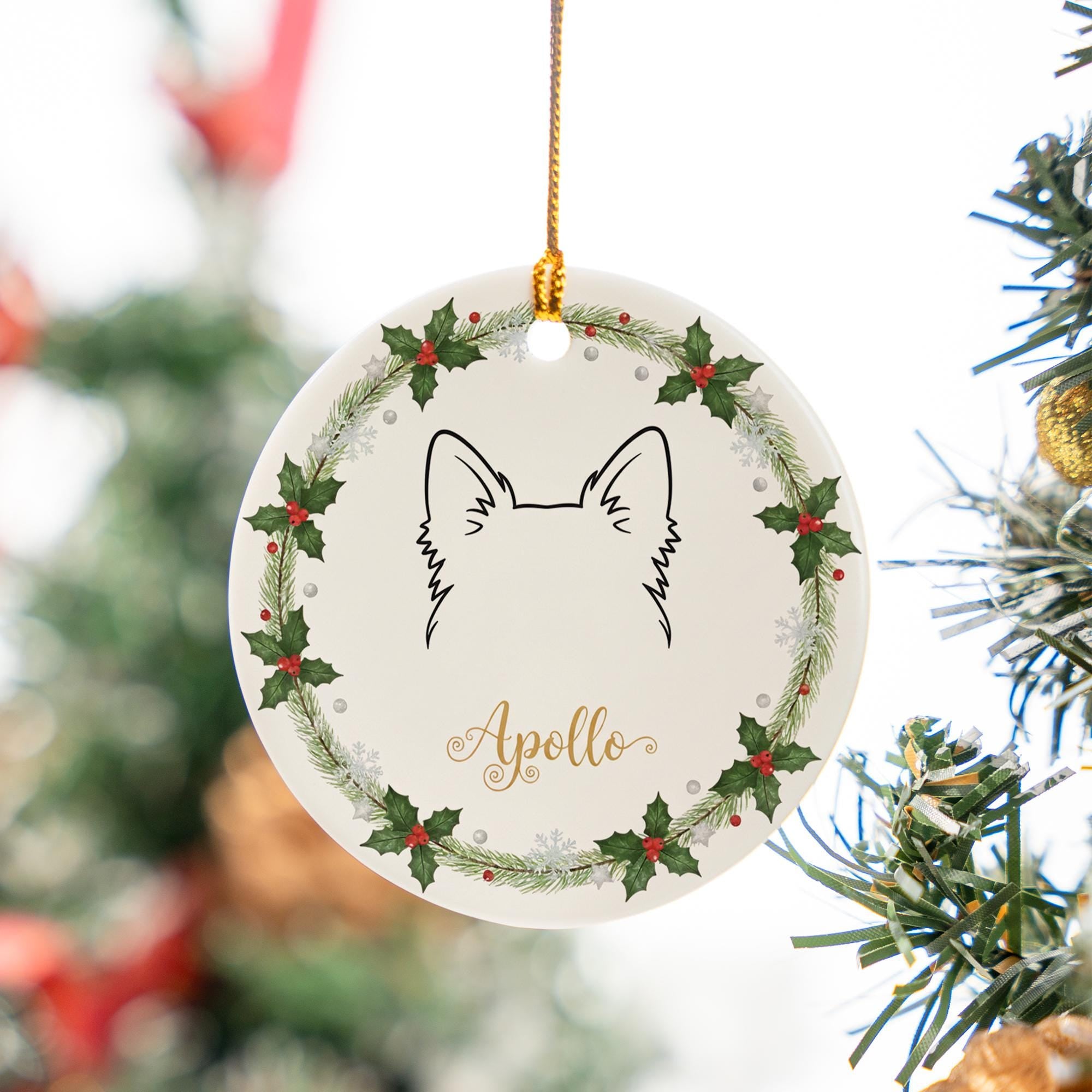Personalized Dog Ear Outline Ceramic Ornament; Custom Name Pet Silhouette Keepsake