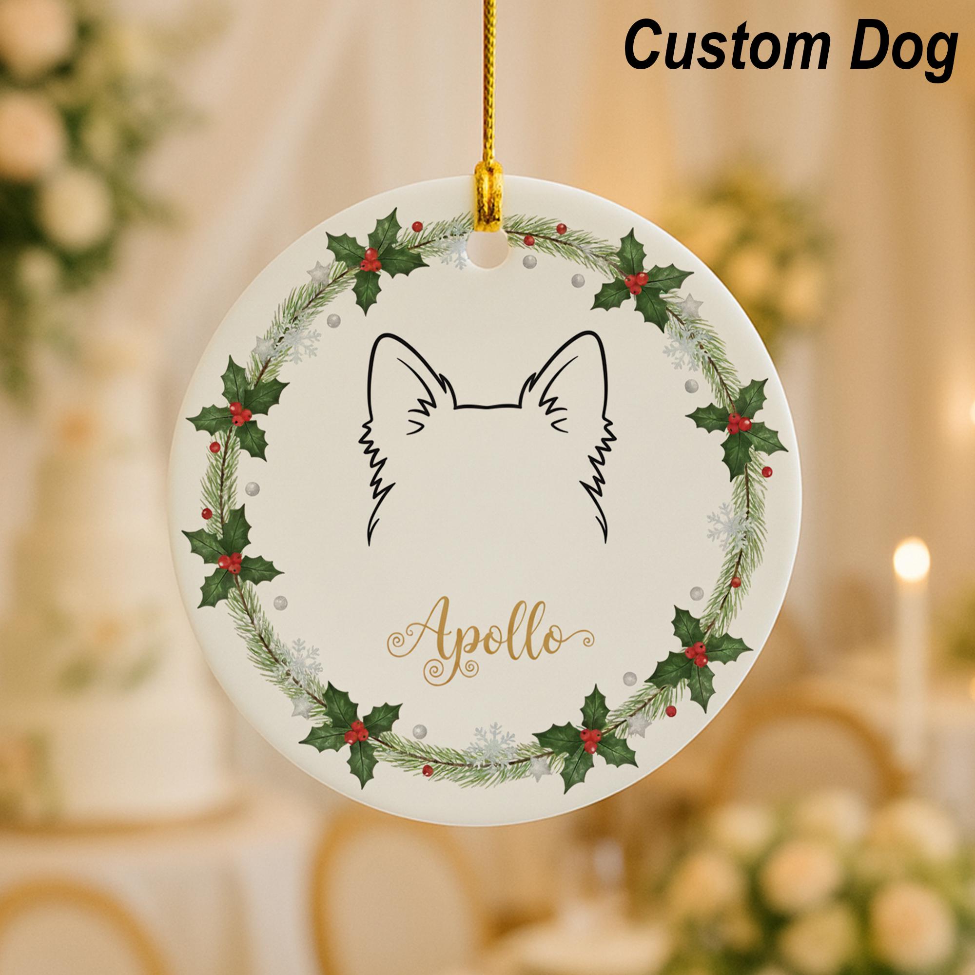 Personalized Dog Ear Outline Ceramic Ornament; Custom Name Pet Silhouette Keepsake