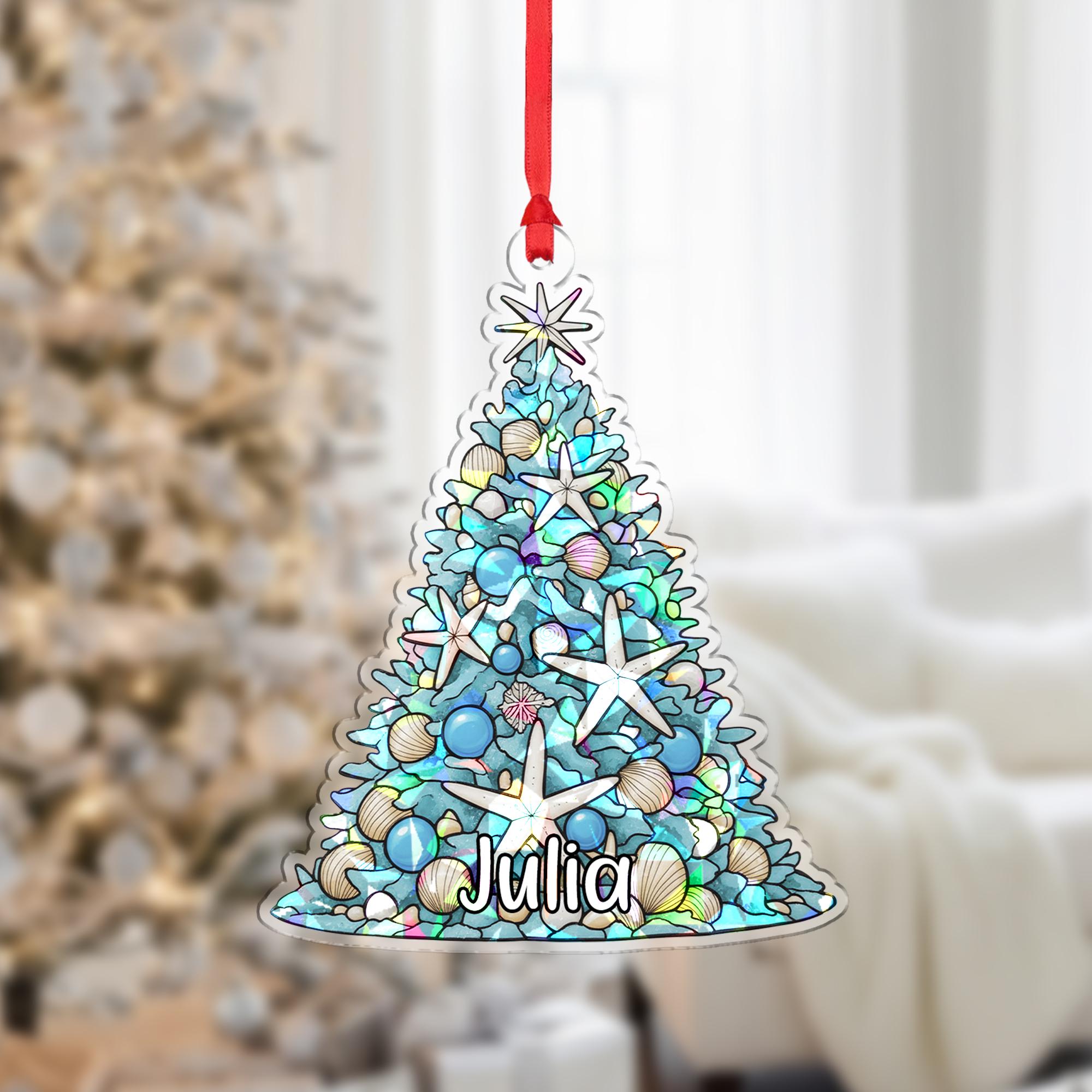 Custom Name Seashell Tree Ornament – Holographic Coastal Christmas Decor