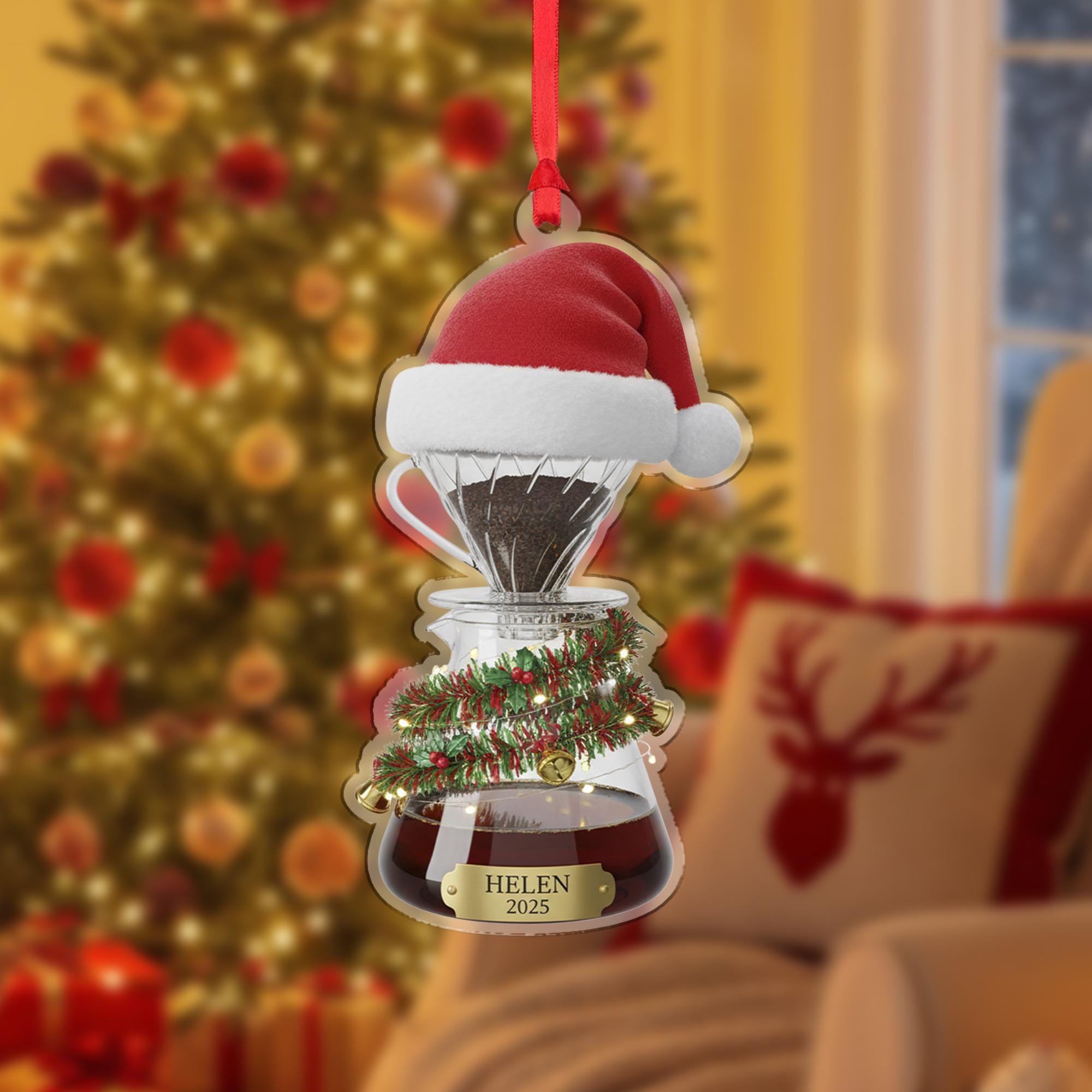 Personalized Pour-Over Coffee Acrylic Ornament 2025; Dripper Barista Gift