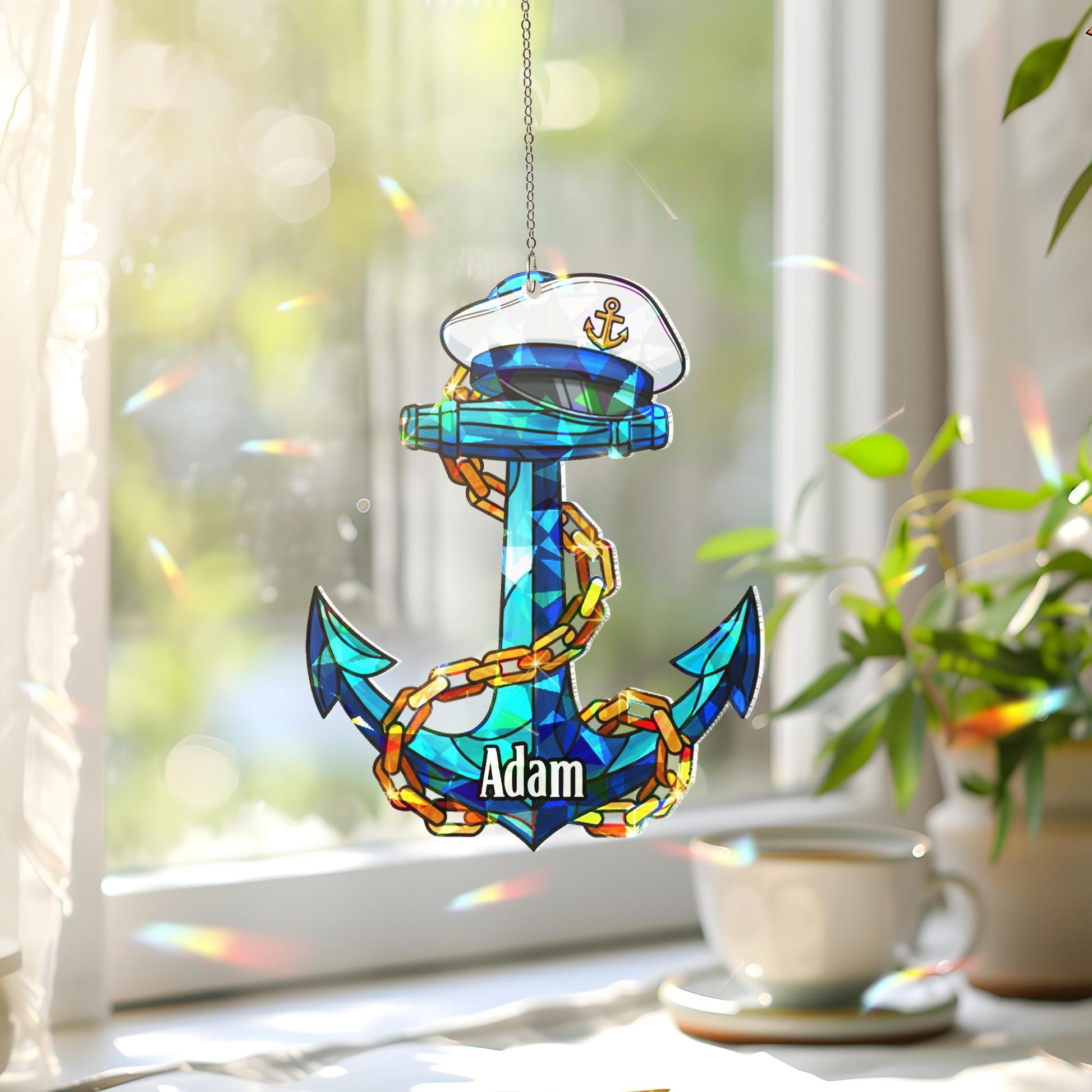 Personalized Anchor Window Hanging – Holographic Nautical Suncatcher Decor