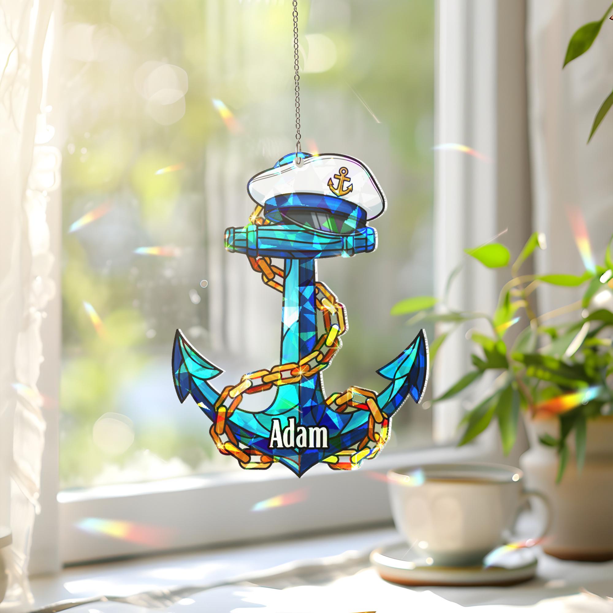 Personalized Anchor Window Hanging – Holographic Nautical Suncatcher Decor