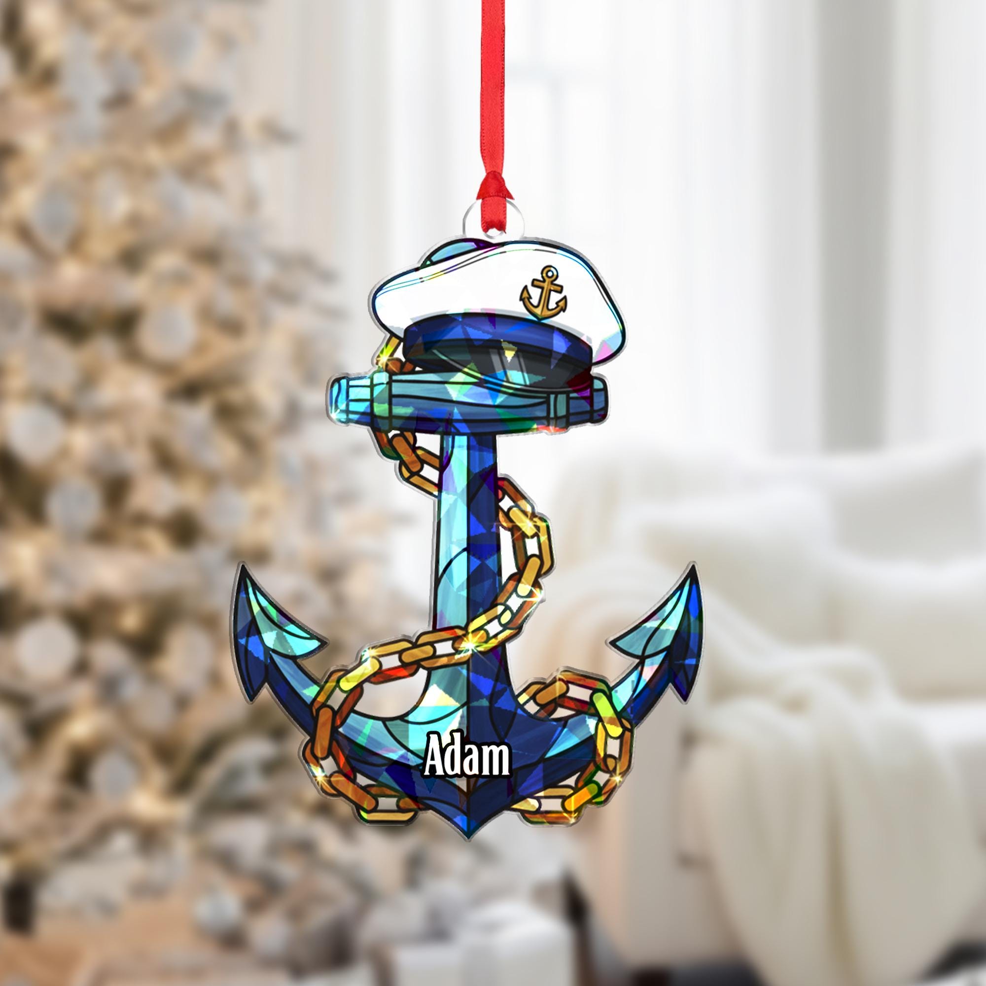 Personalized Anchor Ornament – Holographic Nautical Christmas Tree Decoration