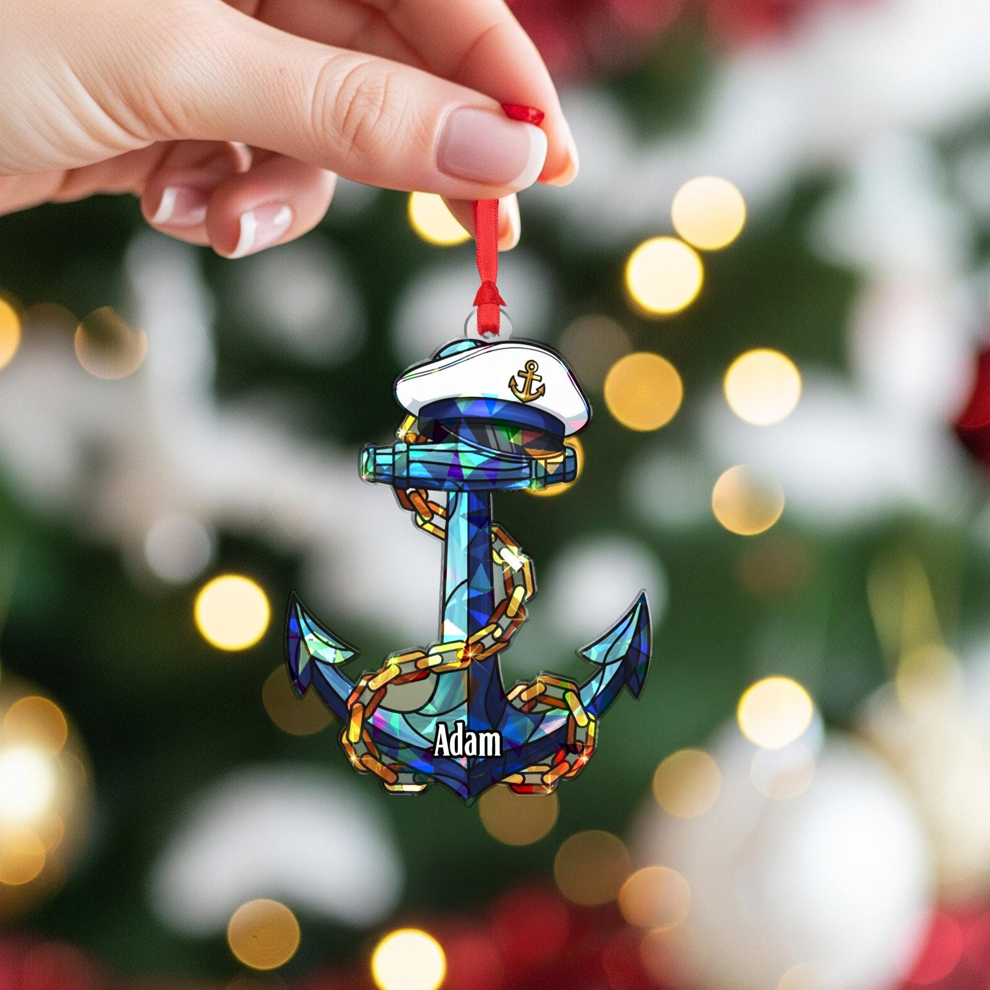 Personalized Anchor Ornament – Holographic Nautical Christmas Tree Decoration