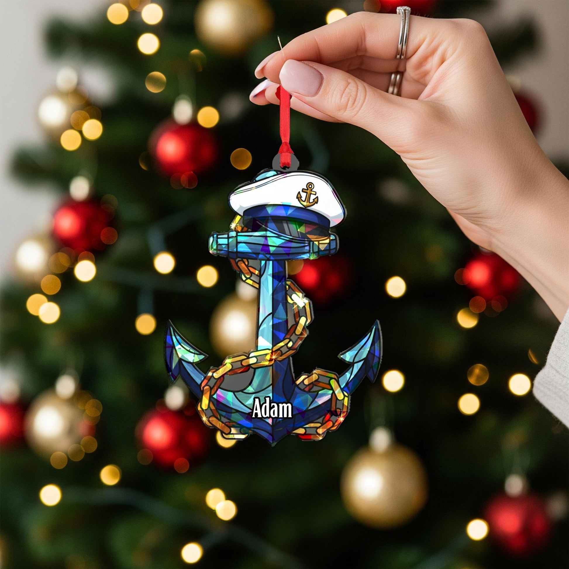 Personalized Anchor Ornament – Holographic Nautical Christmas Tree Decoration