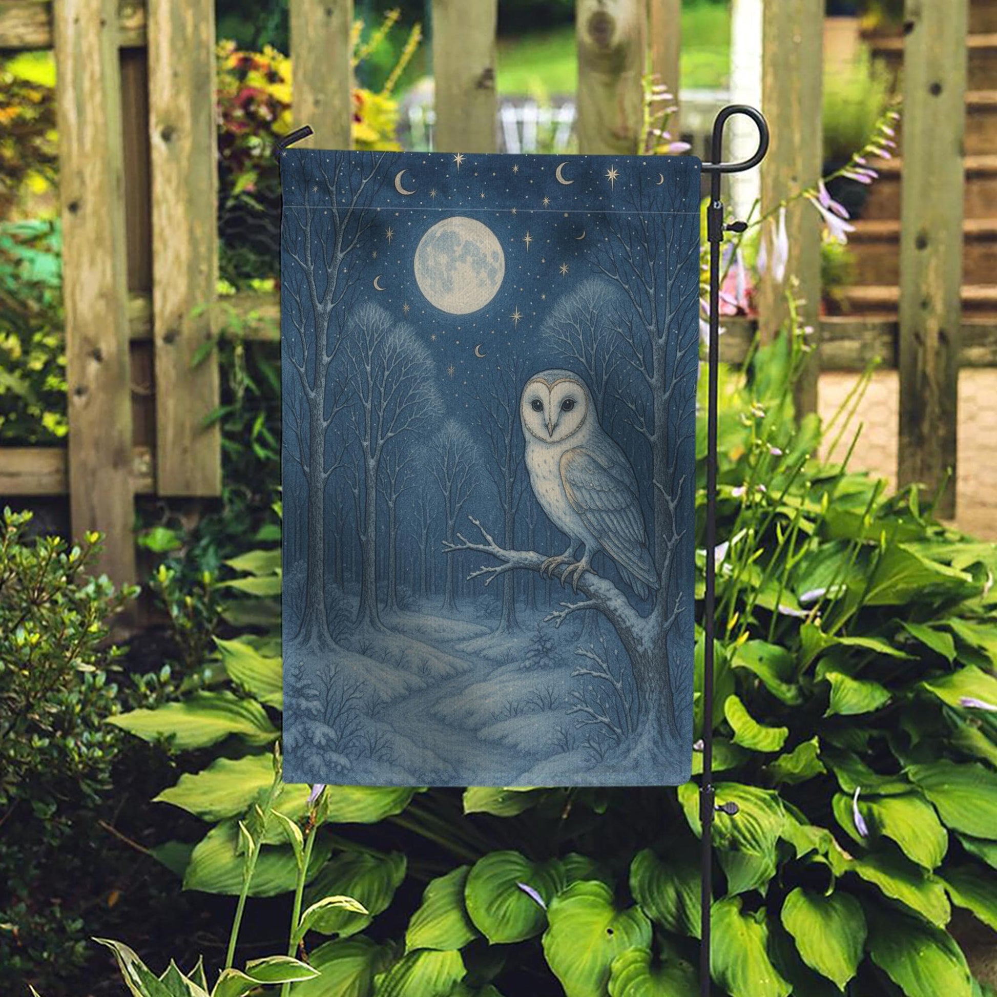 Moonlit Owl Garden Flag – Nocturnal Forest Yard Decor with Full Moon