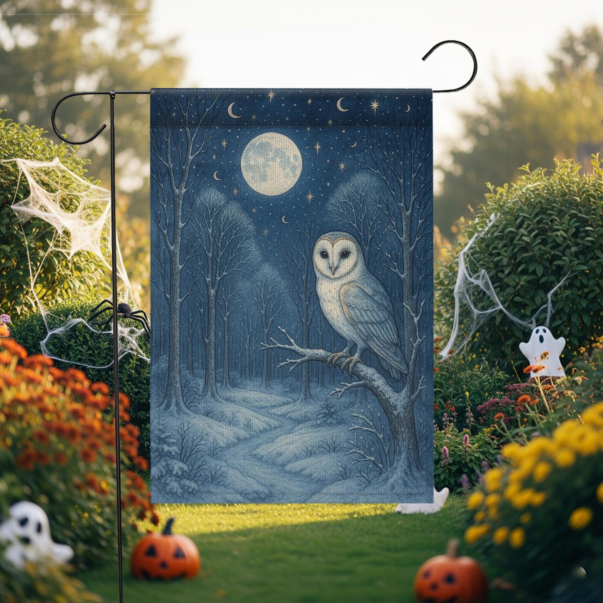 Moonlit Owl Garden Flag – Nocturnal Forest Yard Decor with Full Moon