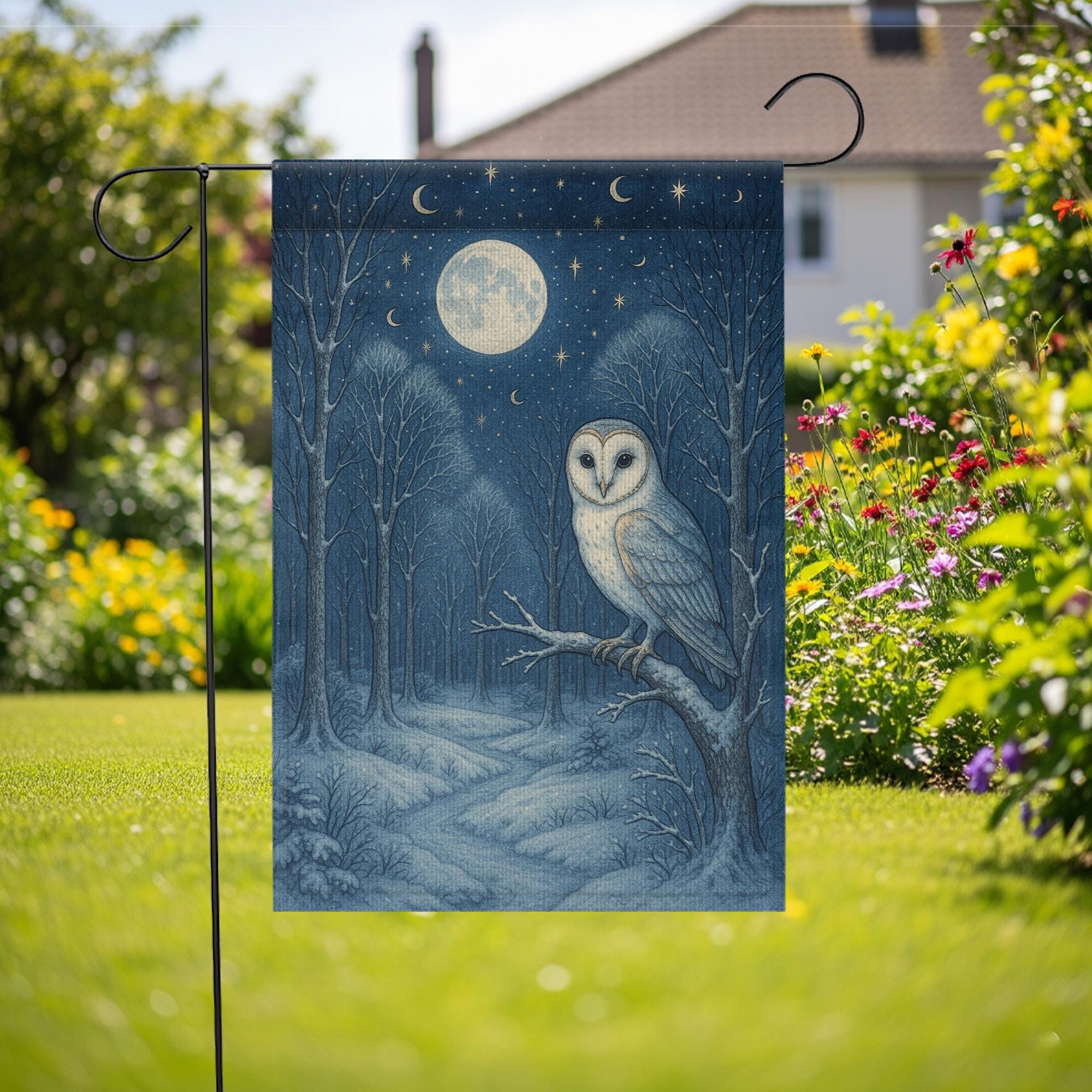 Moonlit Owl Garden Flag – Nocturnal Forest Yard Decor with Full Moon