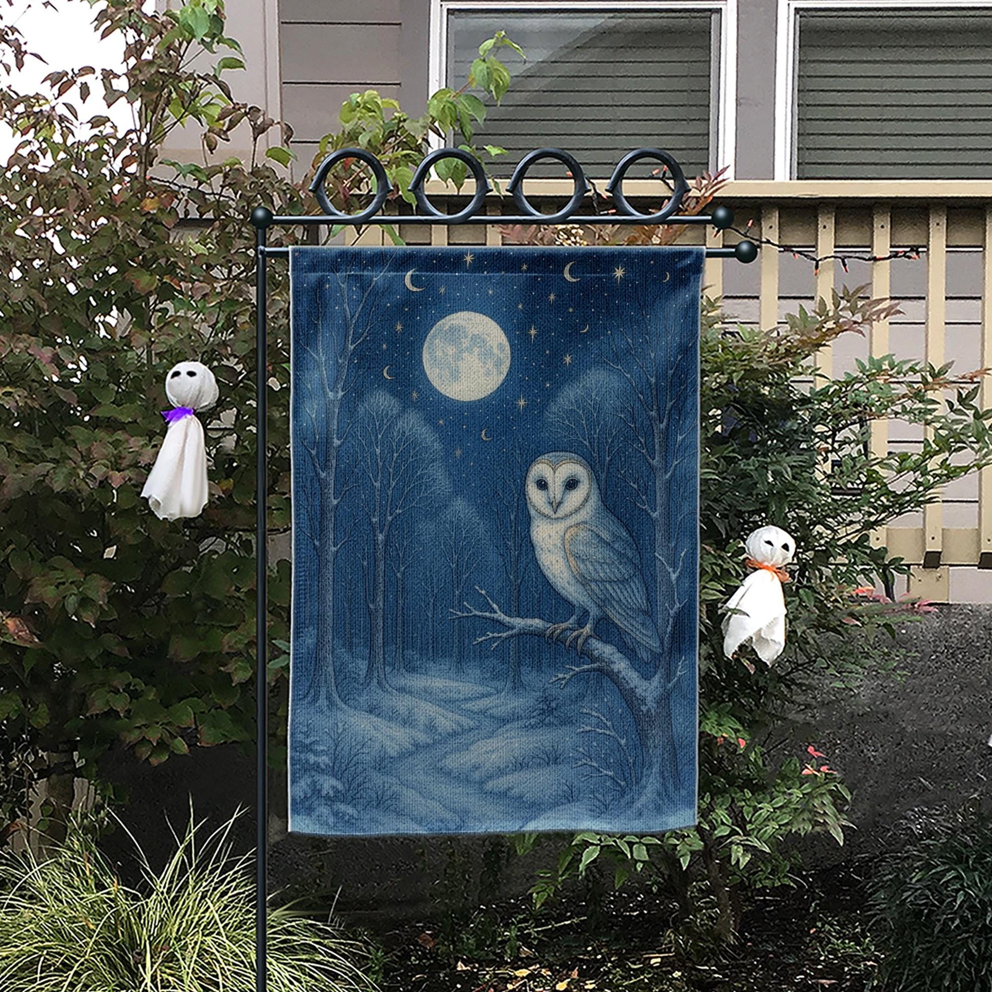 Moonlit Owl Garden Flag – Nocturnal Forest Yard Decor with Full Moon