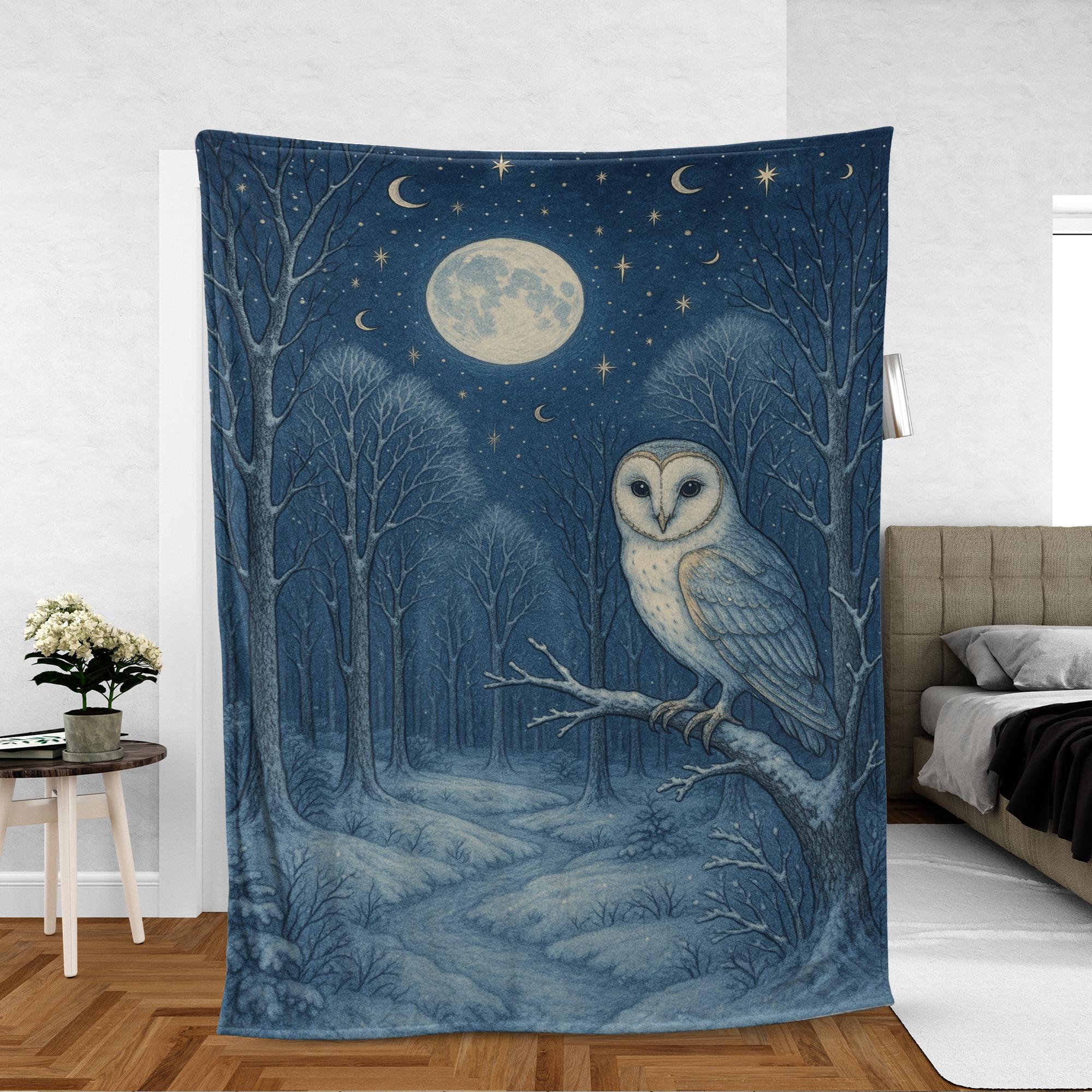 Moonlit Owl Fleece Blanket – Cozy Forest Night Throw with Full Moon Design