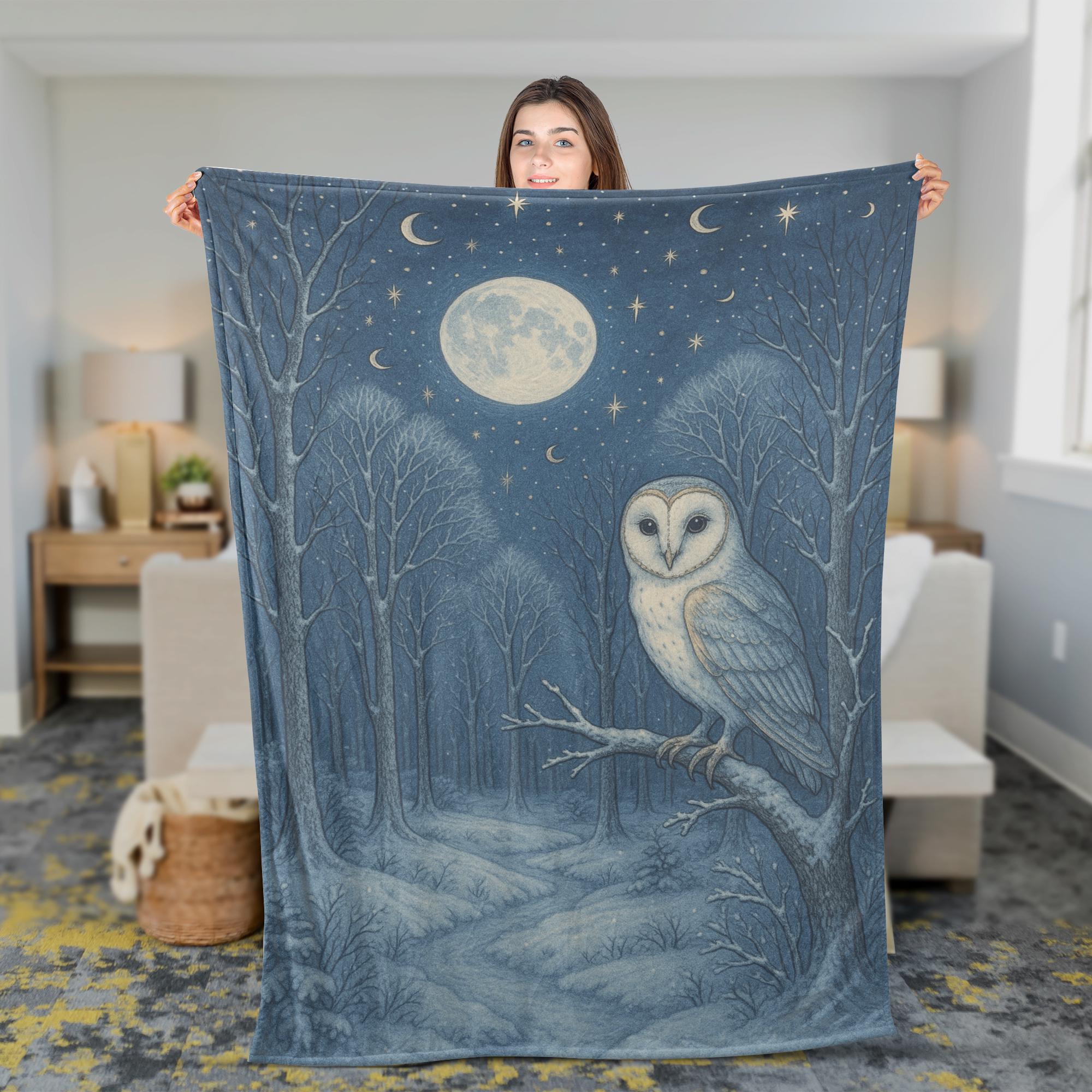 Moonlit Owl Fleece Blanket – Cozy Forest Night Throw with Full Moon Design