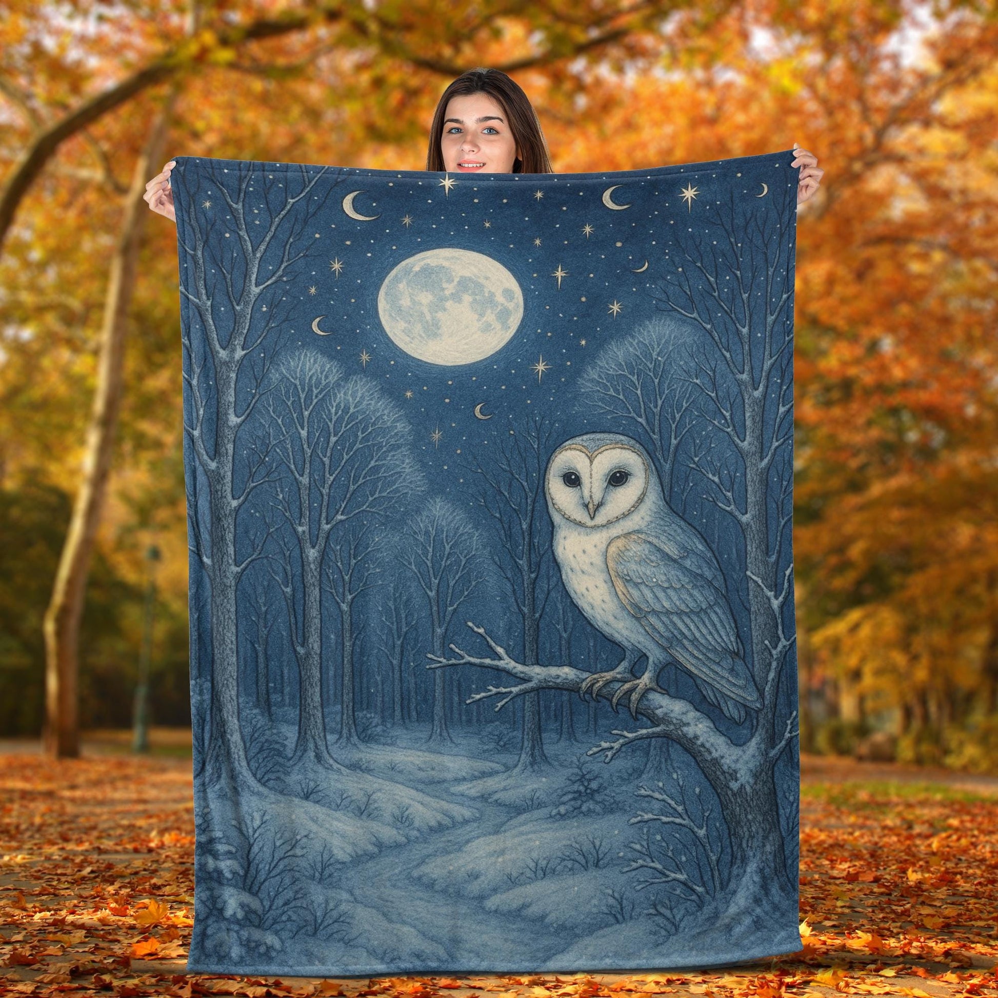 Moonlit Owl Fleece Blanket – Cozy Forest Night Throw with Full Moon Design