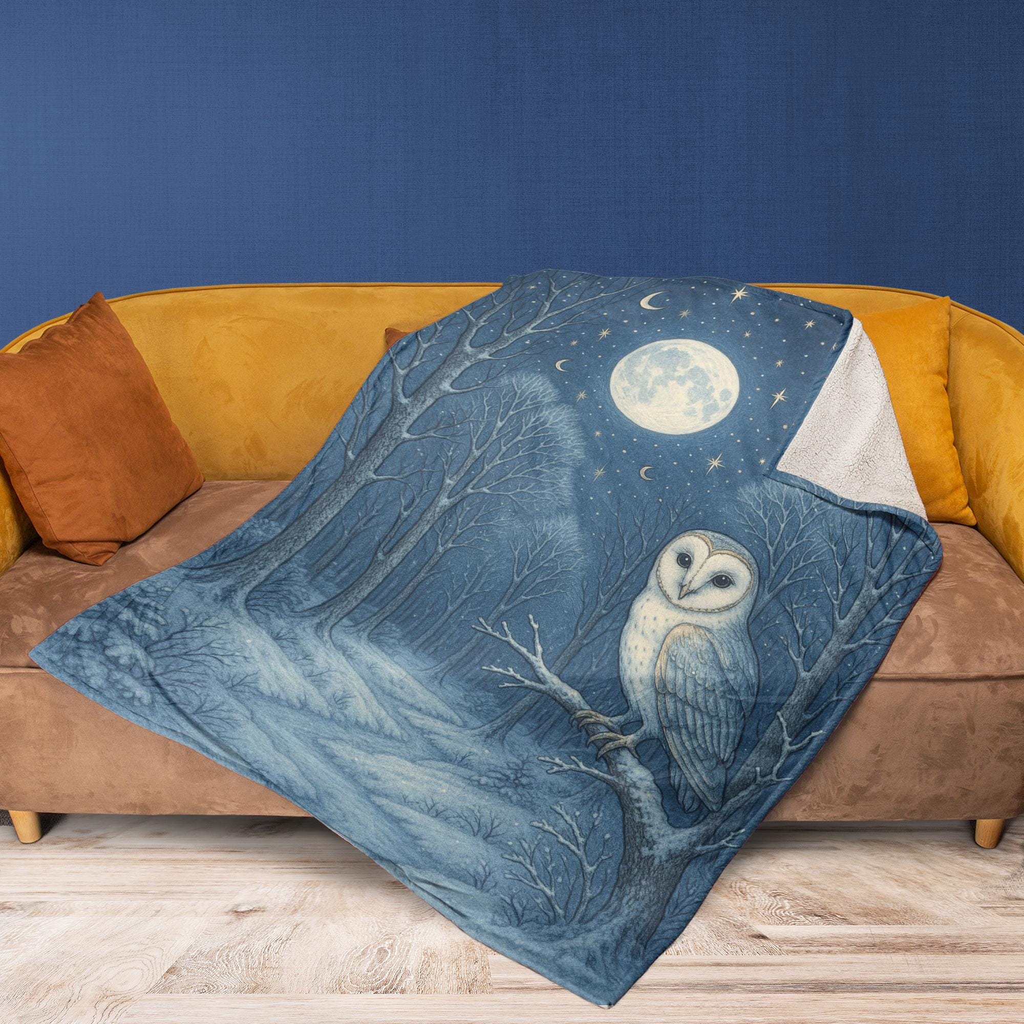 Moonlit Owl Fleece Blanket – Cozy Forest Night Throw with Full Moon Design