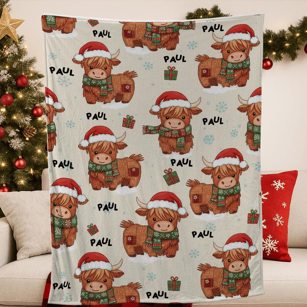 Personalized Highland Cow Blanket – Custom Name Christmas Fleece Throw – Holiday Farmhouse Decor