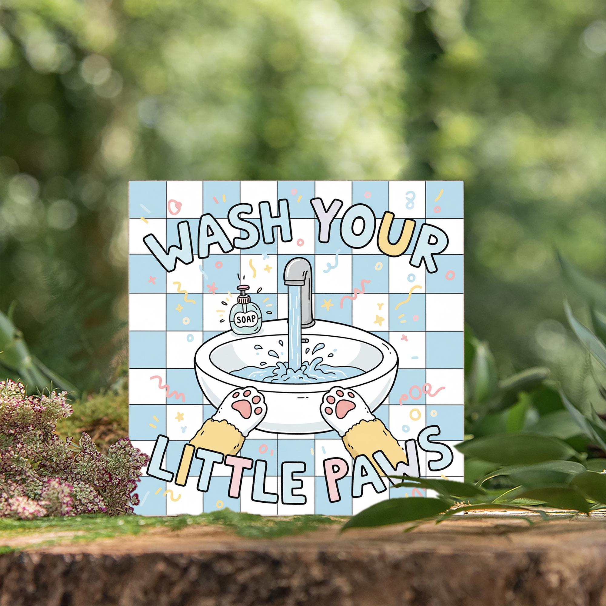 Square Wash Your Little Paws Wood Sign; Bathroom Pet Humor Wall Decor