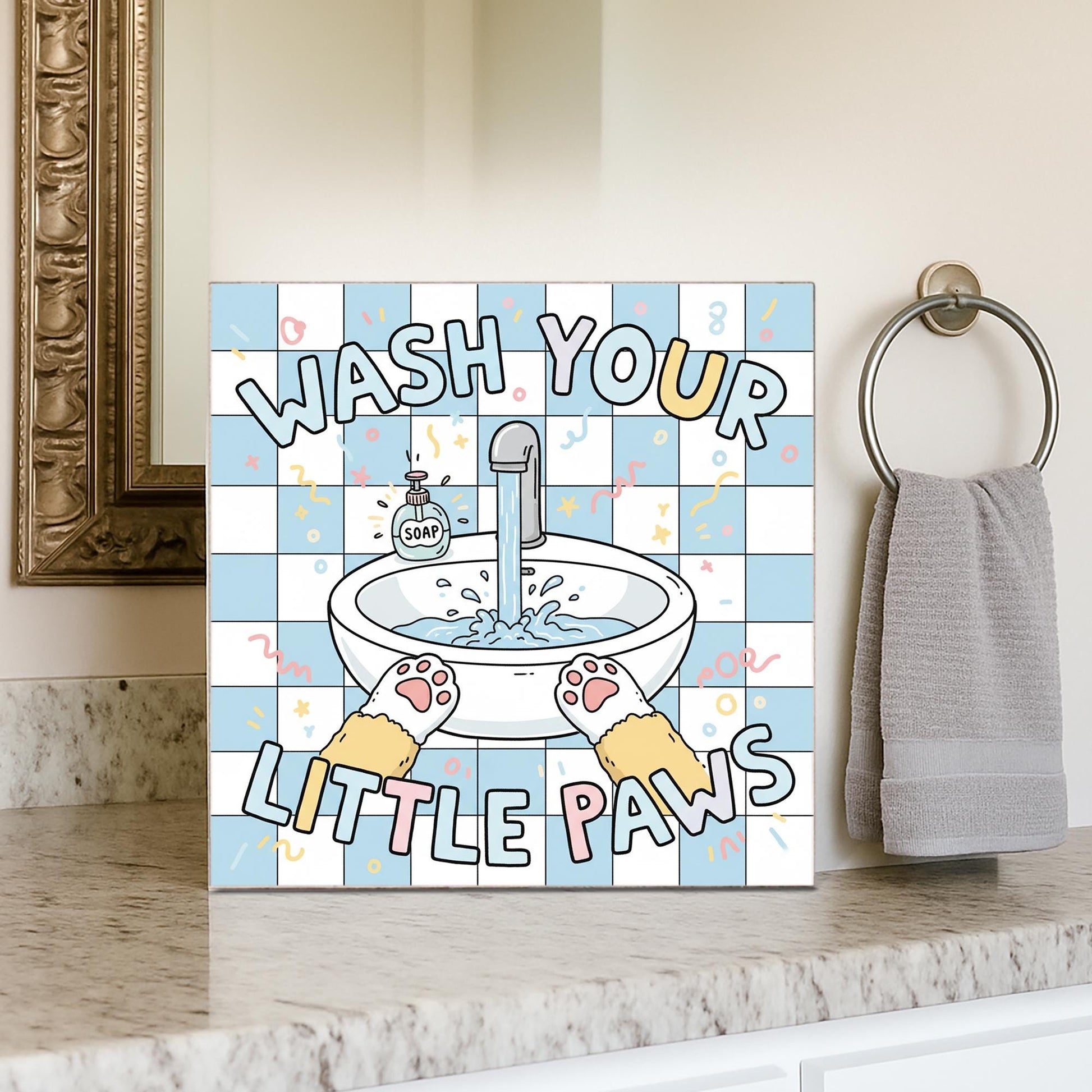 Square Wash Your Little Paws Wood Sign; Bathroom Pet Humor Wall Decor