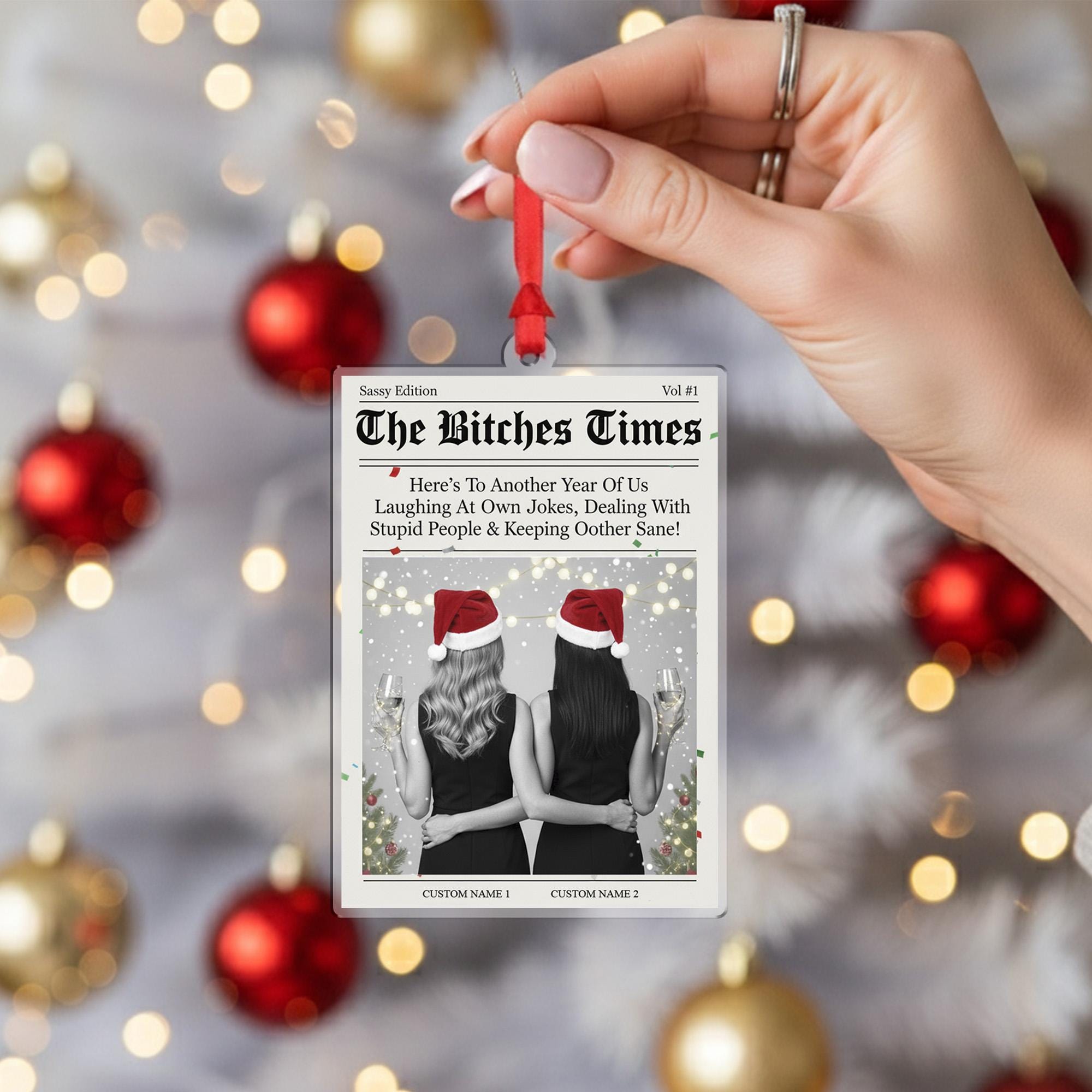 Personalized Newspaper Style Best Friends Acrylic Ornament; Funny Custom Name Decor
