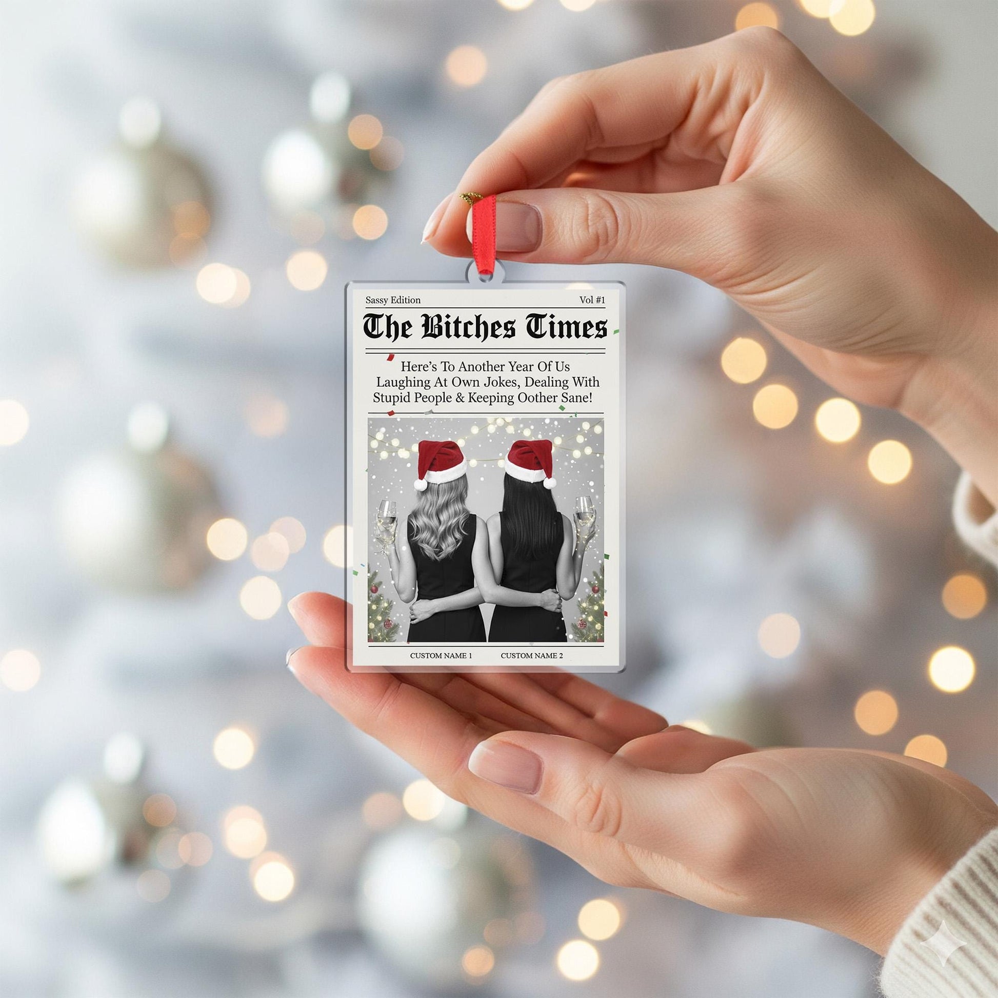 Personalized Newspaper Style Best Friends Acrylic Ornament; Funny Custom Name Decor