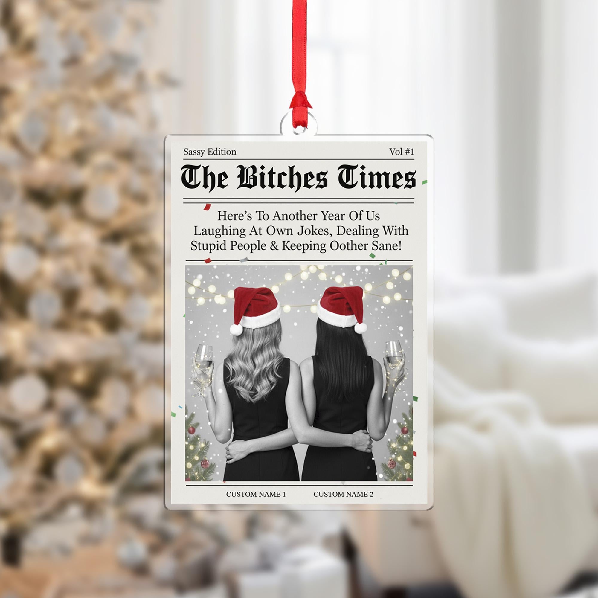 Personalized Newspaper Style Best Friends Acrylic Ornament; Funny Custom Name Decor