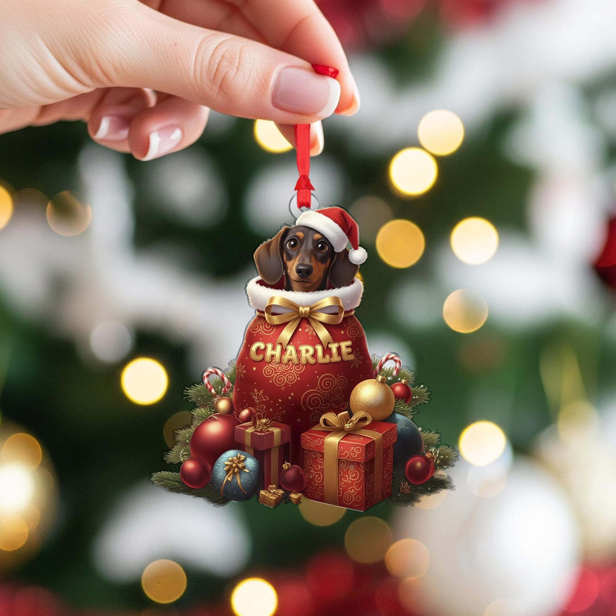 Personalized Dog Christmas Ornament – Custom Name Dachshund Holiday Decoration