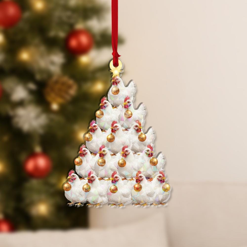 Acrylic Chicken Tree Hologram Ornament — White Hen Cluster with Gold Baubles