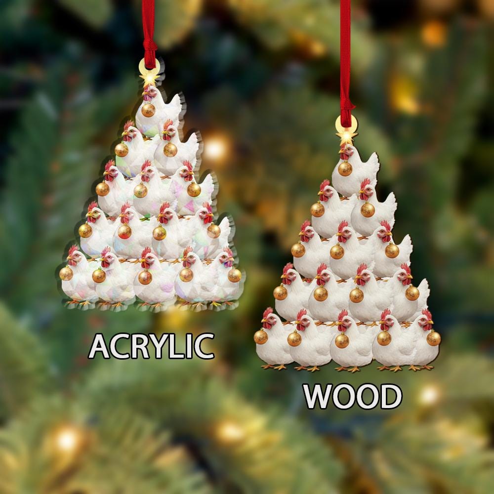 Acrylic Chicken Tree Hologram Ornament — White Hen Cluster with Gold Baubles