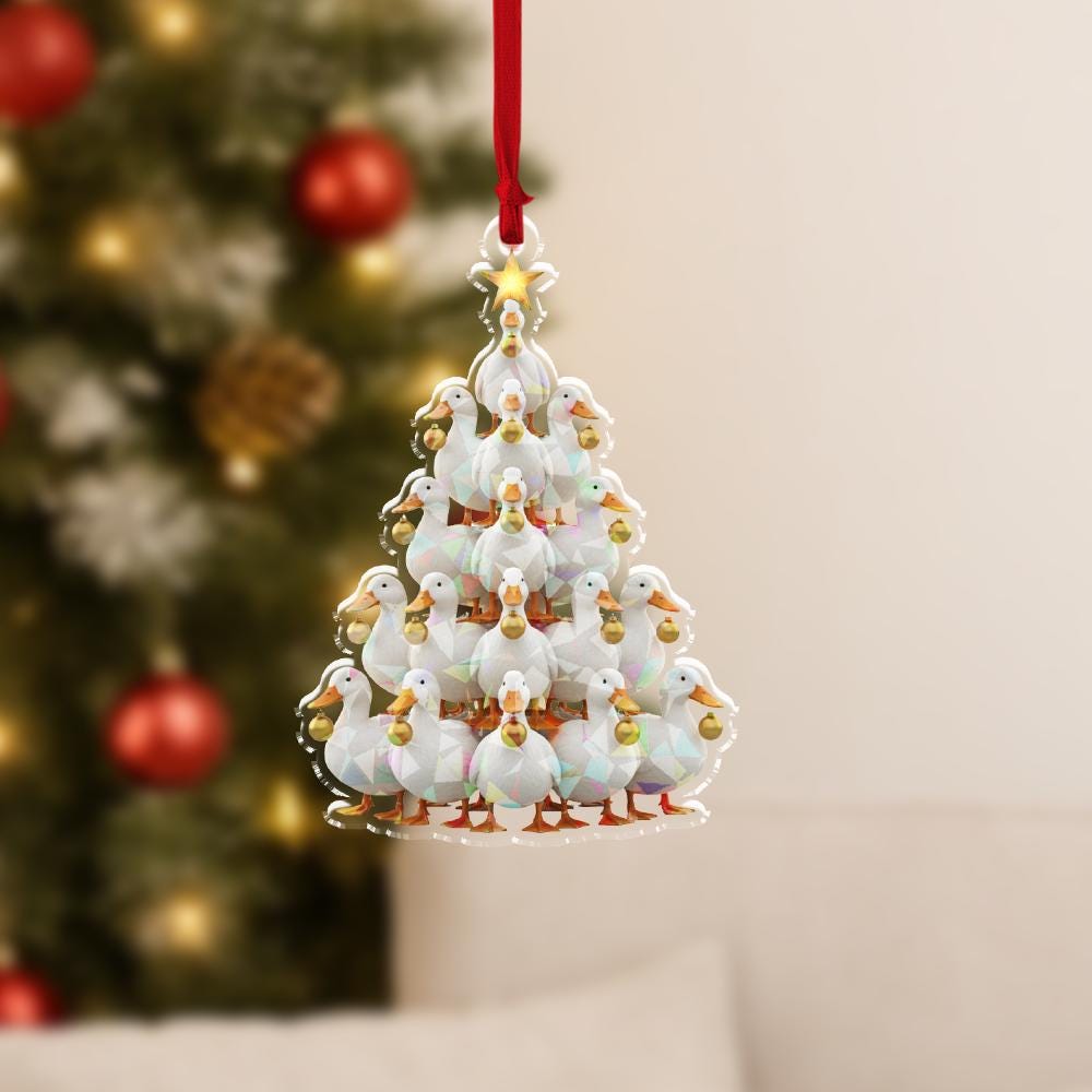 Acrylic Duck Tree Hologram Ornament — White Ducks Cluster with Gold Baubles
