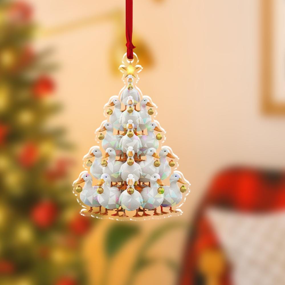 Acrylic Duck Tree Hologram Ornament — White Ducks Cluster with Gold Baubles