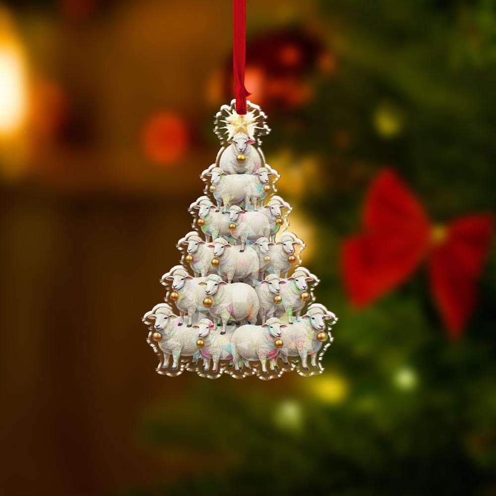 Acrylic Sheep Tree Hologram Ornament — White Sheep Cluster with Gold Baubles