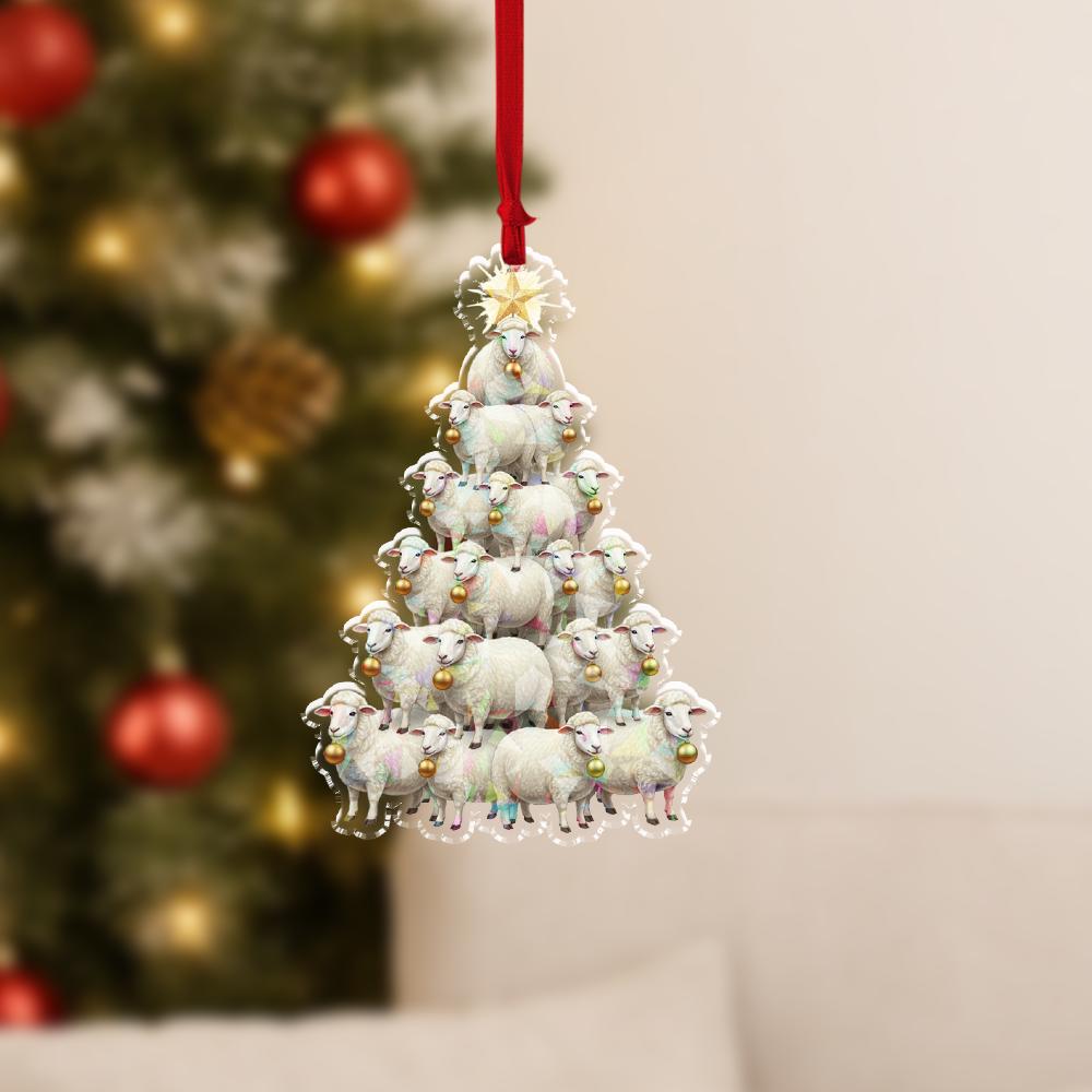 Acrylic Sheep Tree Hologram Ornament — White Sheep Cluster with Gold Baubles