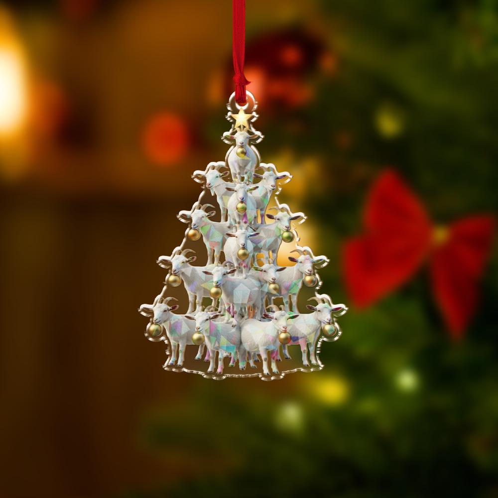 Acrylic Goat Tree Hologram Ornament — White Goat Cluster with Gold Baubles