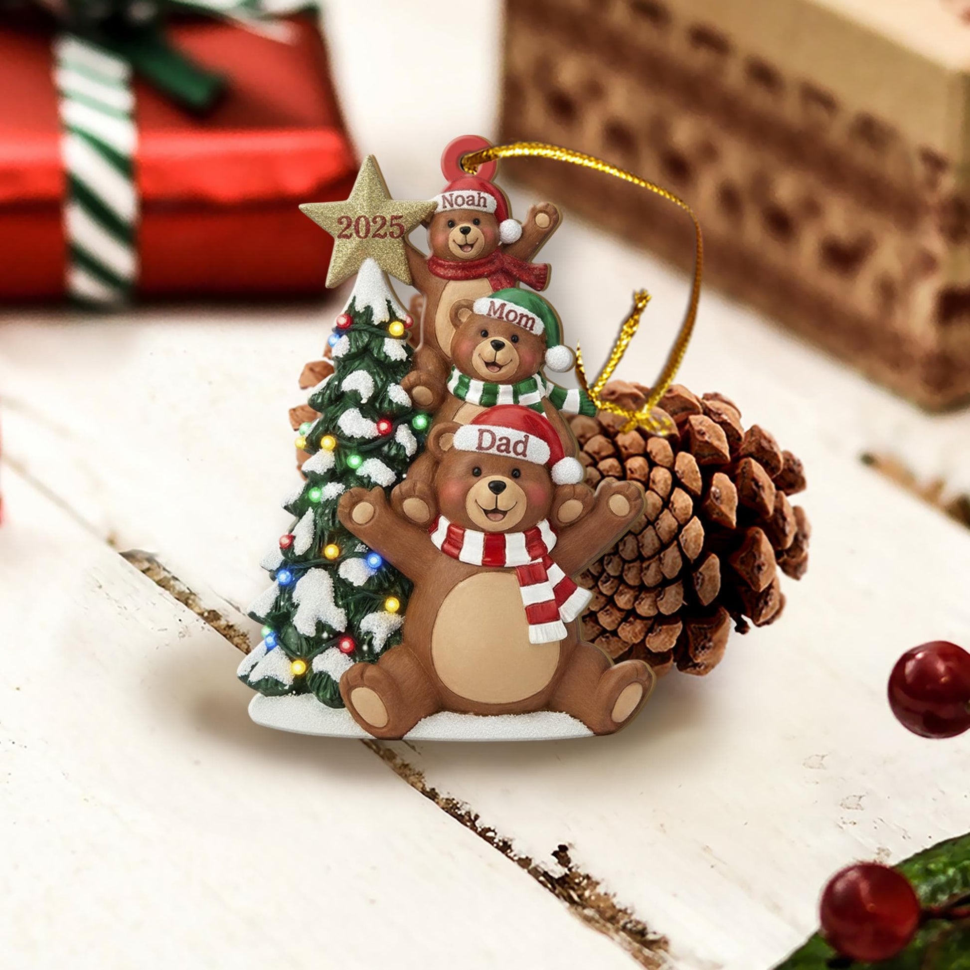Personalized Bear Family Ornament – Custom Names Christmas Tree 2025 Decoration
