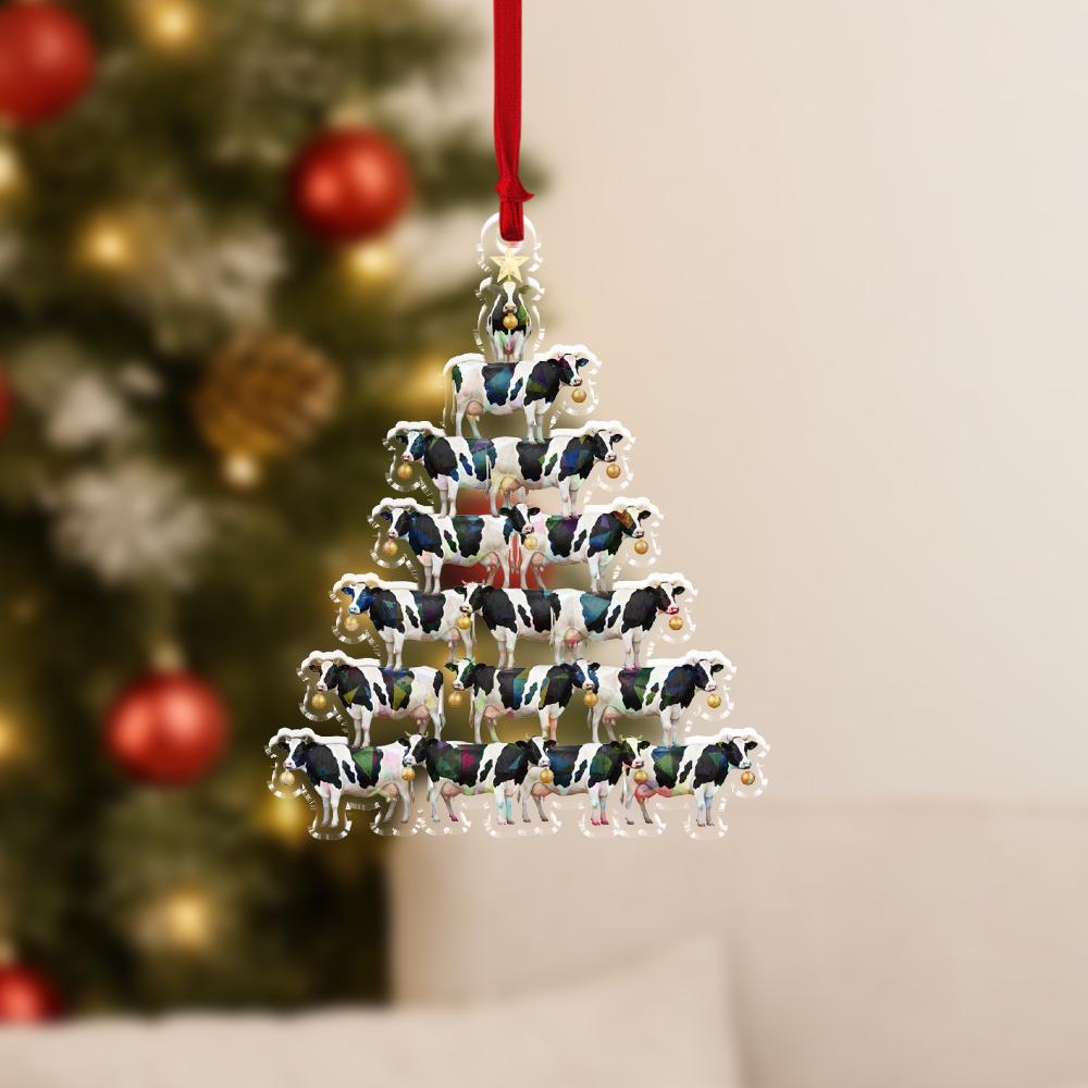 Acrylic Cow Tree Hologram Ornament — Black & White Cows Cluster with Gold Baubles