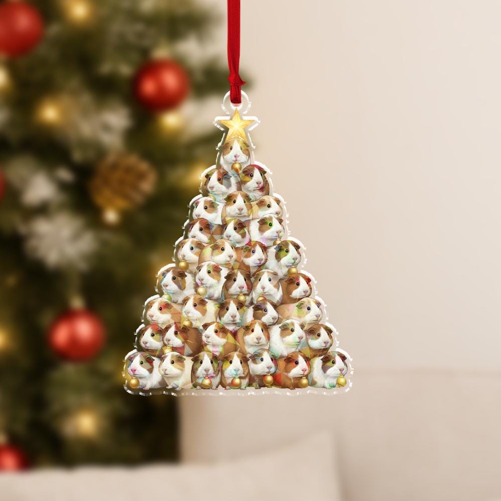 Acrylic Guinea Pig Tree Hologram Ornament — Brown & White Guinea Pigs with Gold Baubles